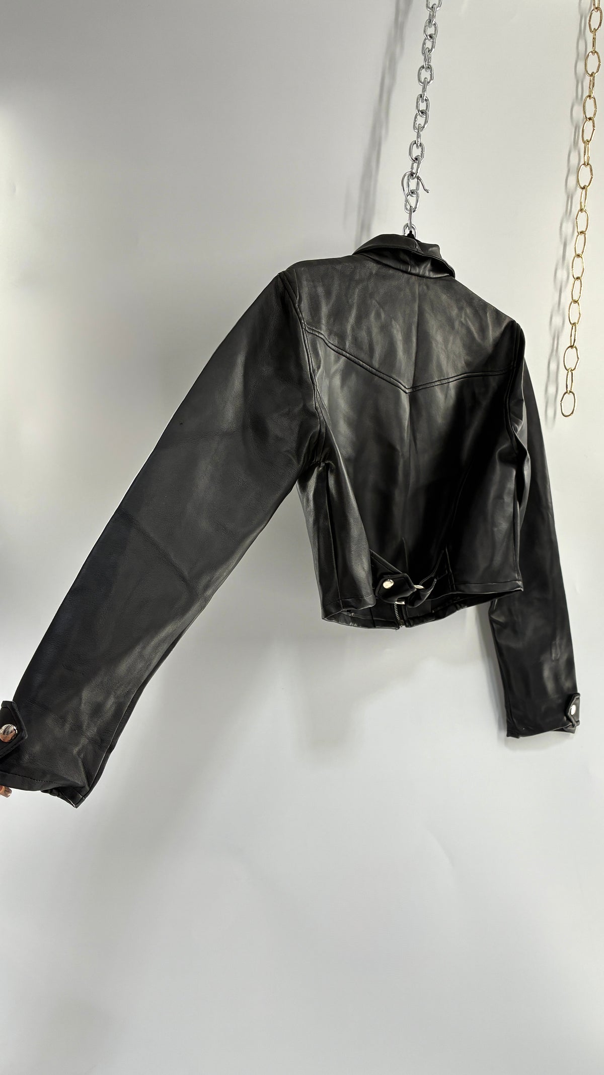 Vintage 1990s HIGHWAY Black Vegan Leather Cropped Jacket (Medium)