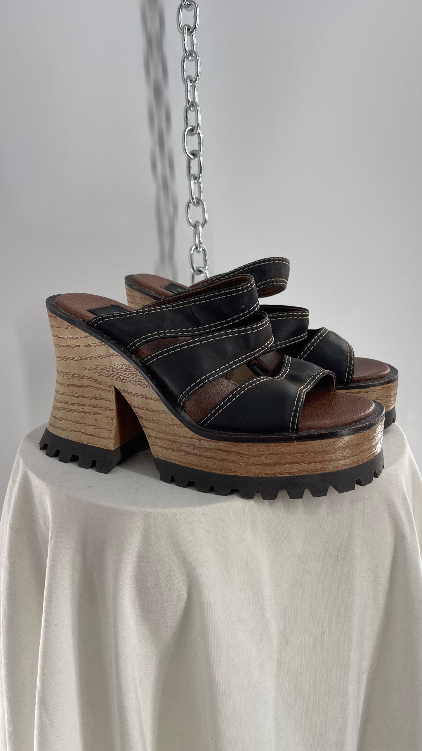 Rare Vintage 9&Co 1990s Brown Leather Strappy Chunky Wooden Platform Funky Heel (7)