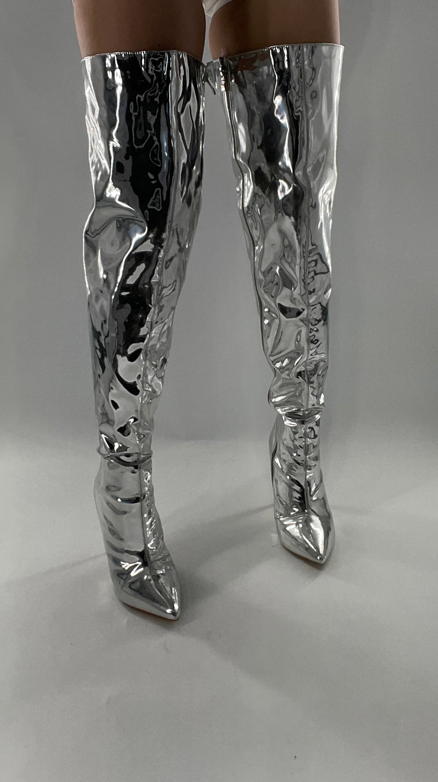 Vintage Chrome Platinum Mirrored Thigh High Molten Metal Sky High Boots Space Cadet/Concert (7)