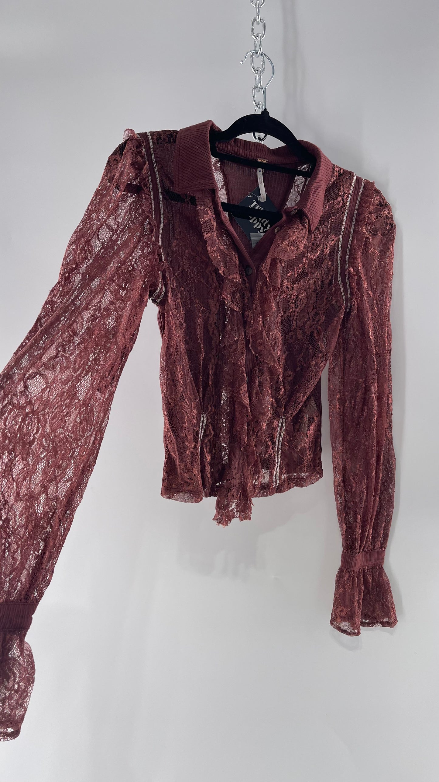 Free People Burgundy Lace Button Front Blouse with Balloon Sleeves and Ruffle Front Detail  (Small)