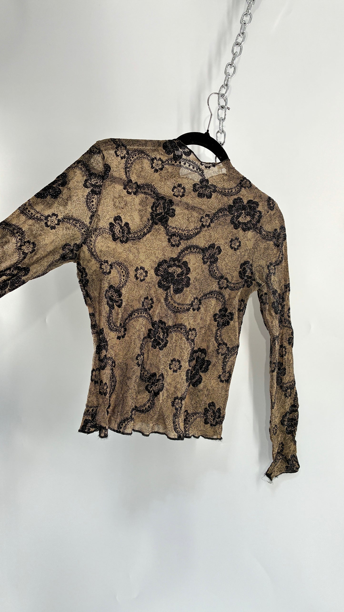 Vintage NEWPORT NEWS Sheer Lace Top with Glitter Floral Design (S/M)