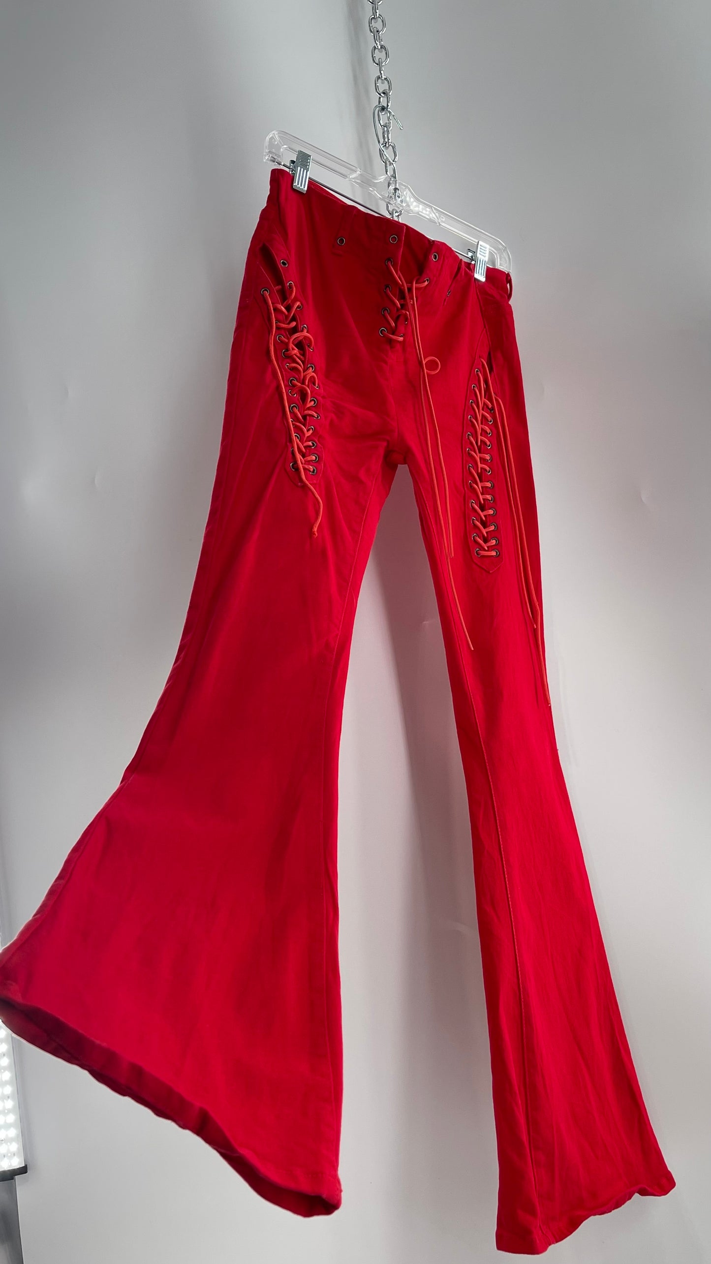 Edikted Rockstar Red Kick Flare Bell Bottoms with Lace Up Thigh and Waistline Detail (Large)