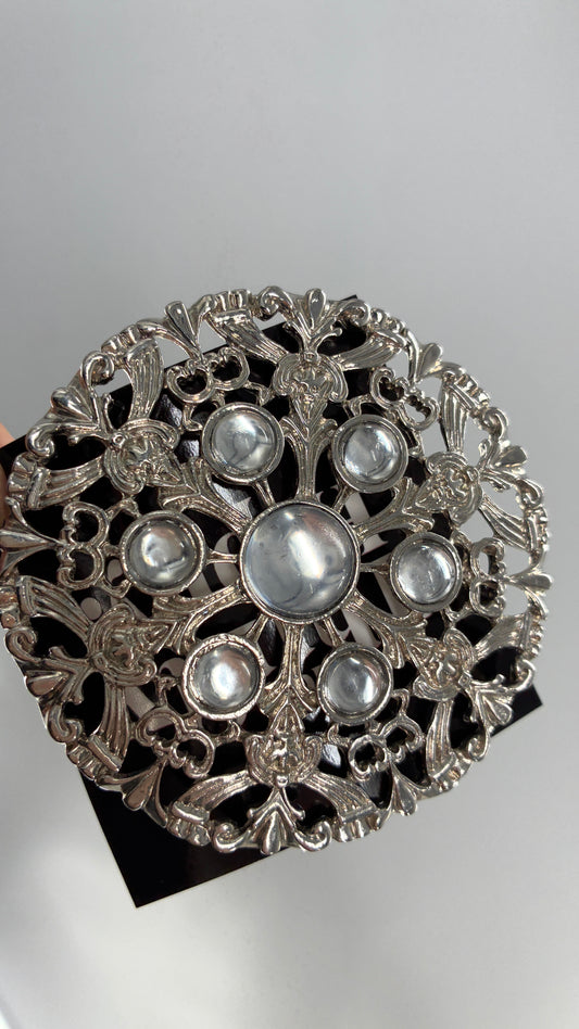 Vintage Oversized Heavy Metal Silver Brooch Pin with Transparent Gemstones