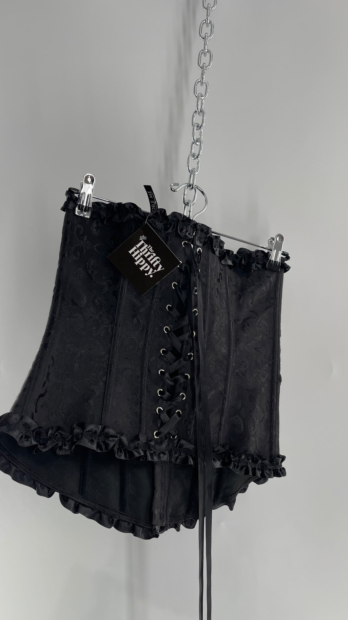 Adore Me Black Brocade Lace Back Ruffle Ribbon Trim (S/M)