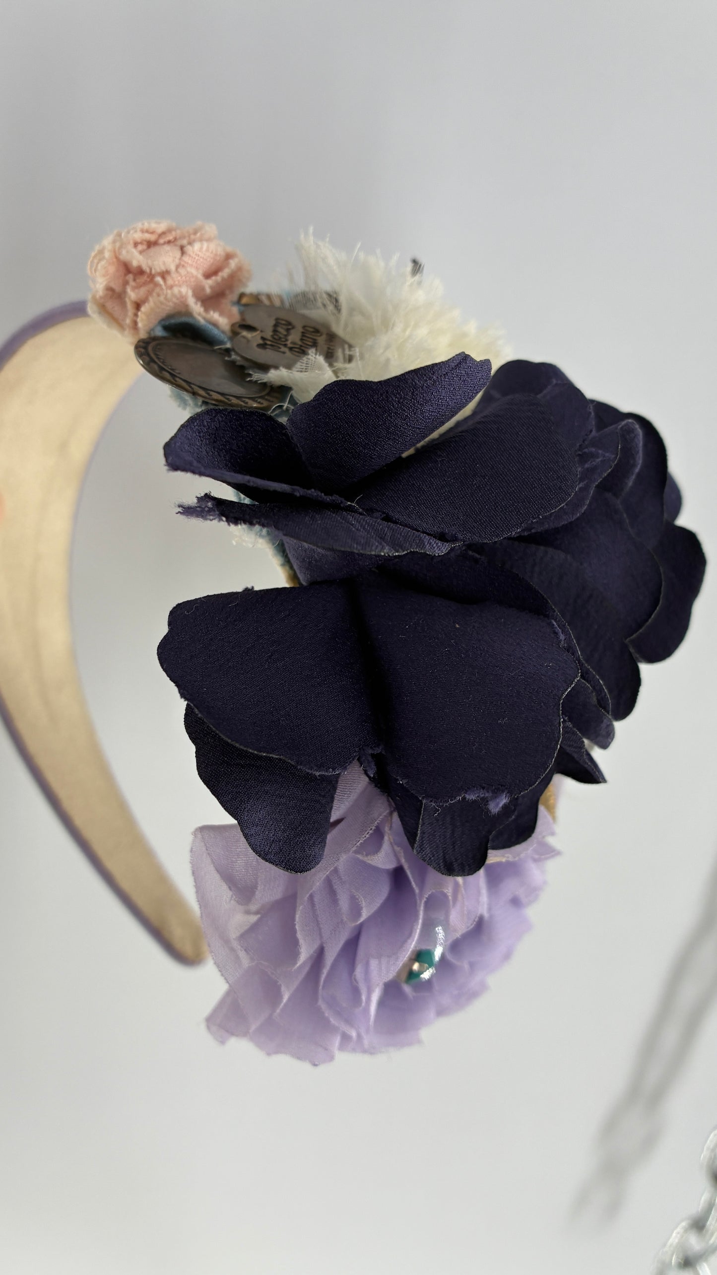 Vintage FARMER Handmade Lilac Headband with Purple Ribbon,  Pleated, Floral, and Gemstone Appliqués