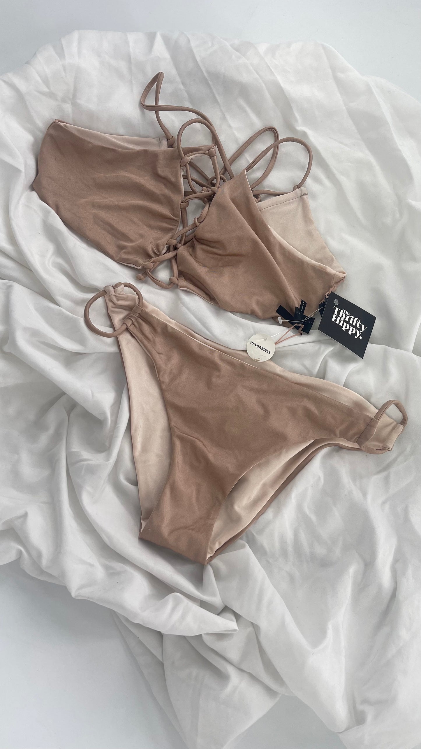 PACSUN LA Hearts Reversible Tan/Beige Swim Set with Tag (Large)