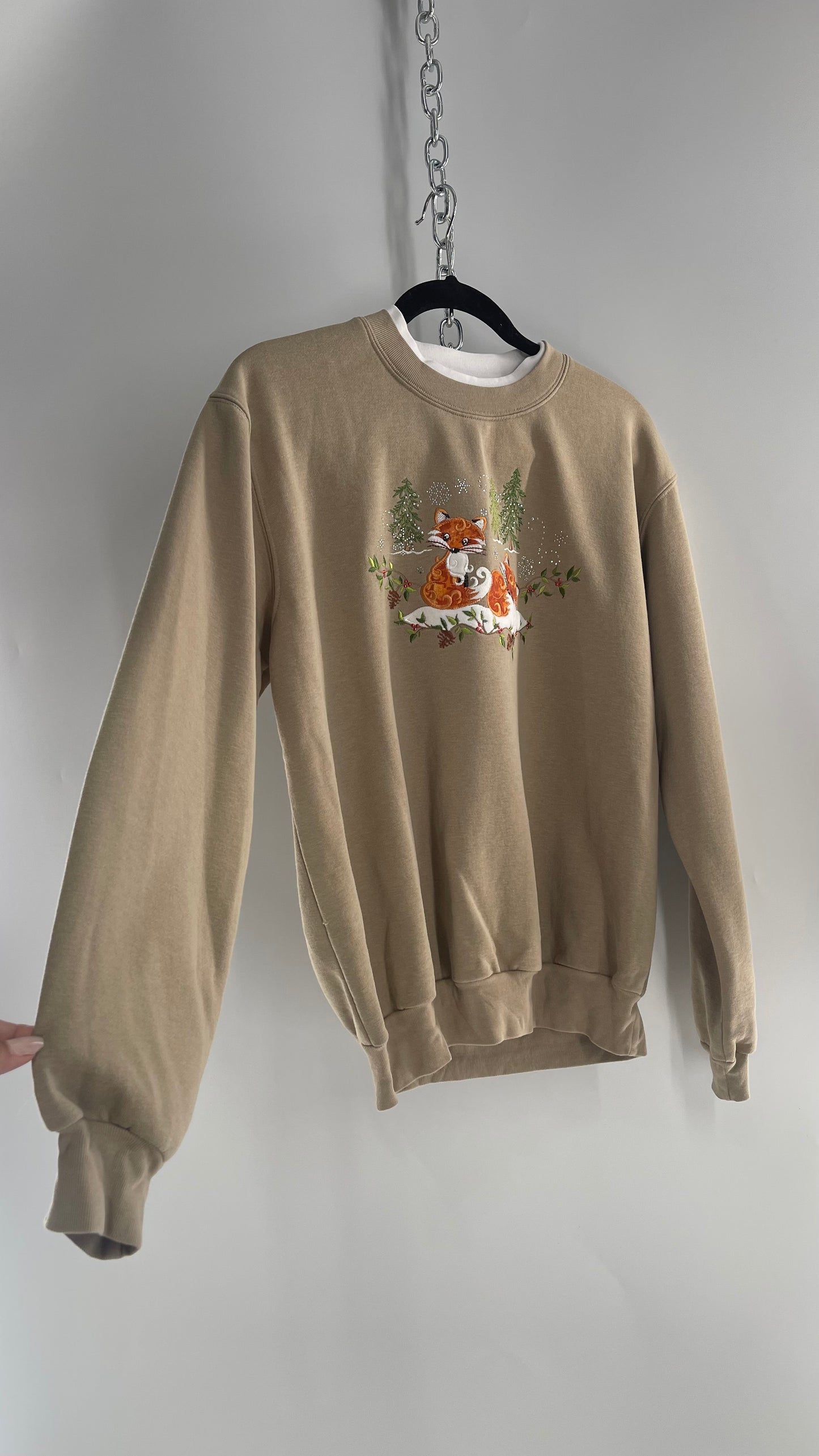 Vintage Fox Embroidered Boxy Sweater with Built In Turtle Neck (Medium)