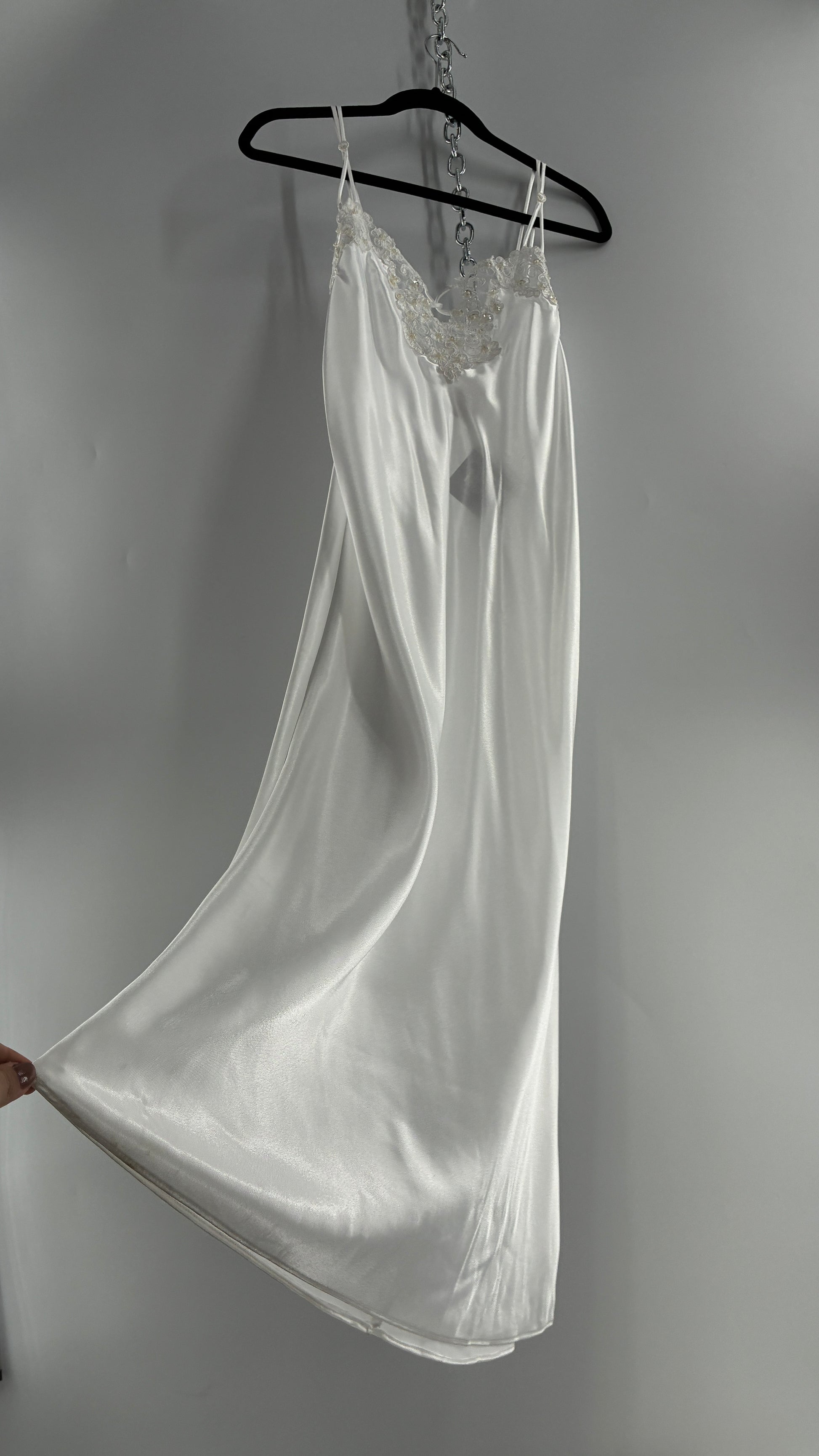 Vintage California Dynasty White Glossy, Silky Night Gown Style Dress with Sequined Lace Bustline (Small) Vintage California Dynasty White Glossy, Silky Night Gown Style Dress with Sequined Lace Bustline (Small)