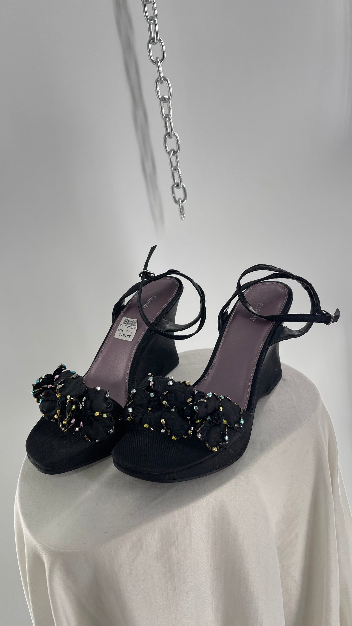 FIONI Vintage Black Wedge Satin Heel with Beaded Floral Rosette Petals (7.5)