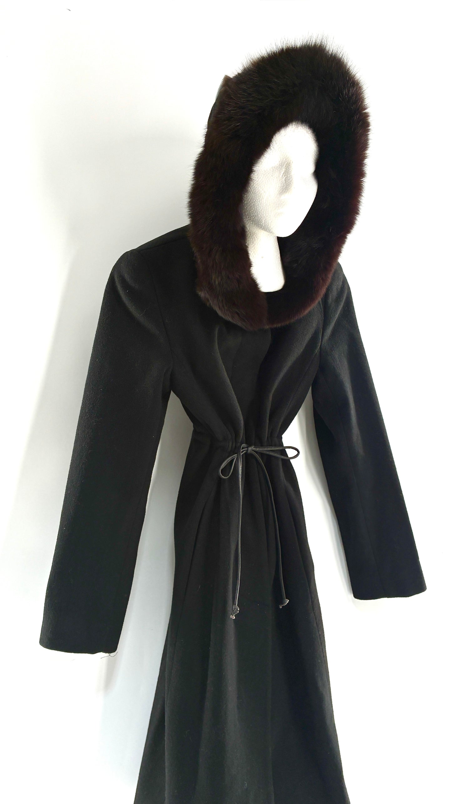 Vintage STEVE by SEARLE Cashmere Blend Coat with Underbust Tie and Fur Hood