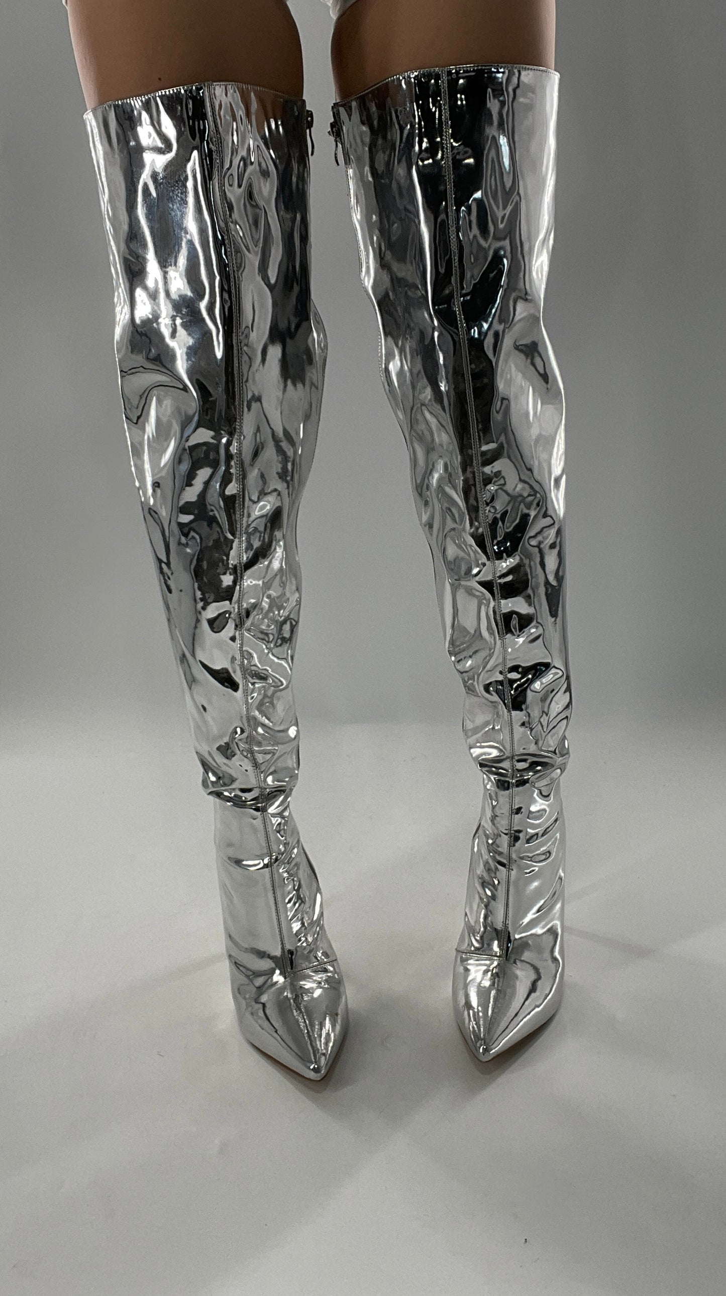 Vintage Chrome Platinum Mirrored Thigh High Molten Metal Sky High Boots Space Cadet/Concert (7)