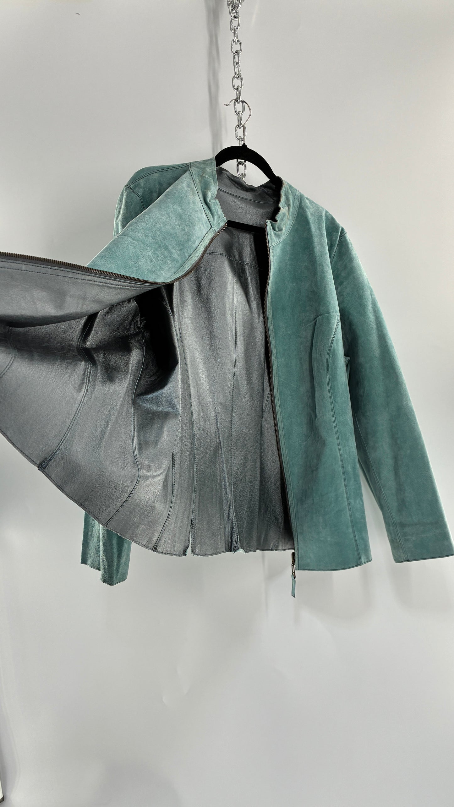 Vintage 1990s Metallic Blue Genuine Leather and Suede Reversible Thin, Zip Up Moto Jacket (XXL)
