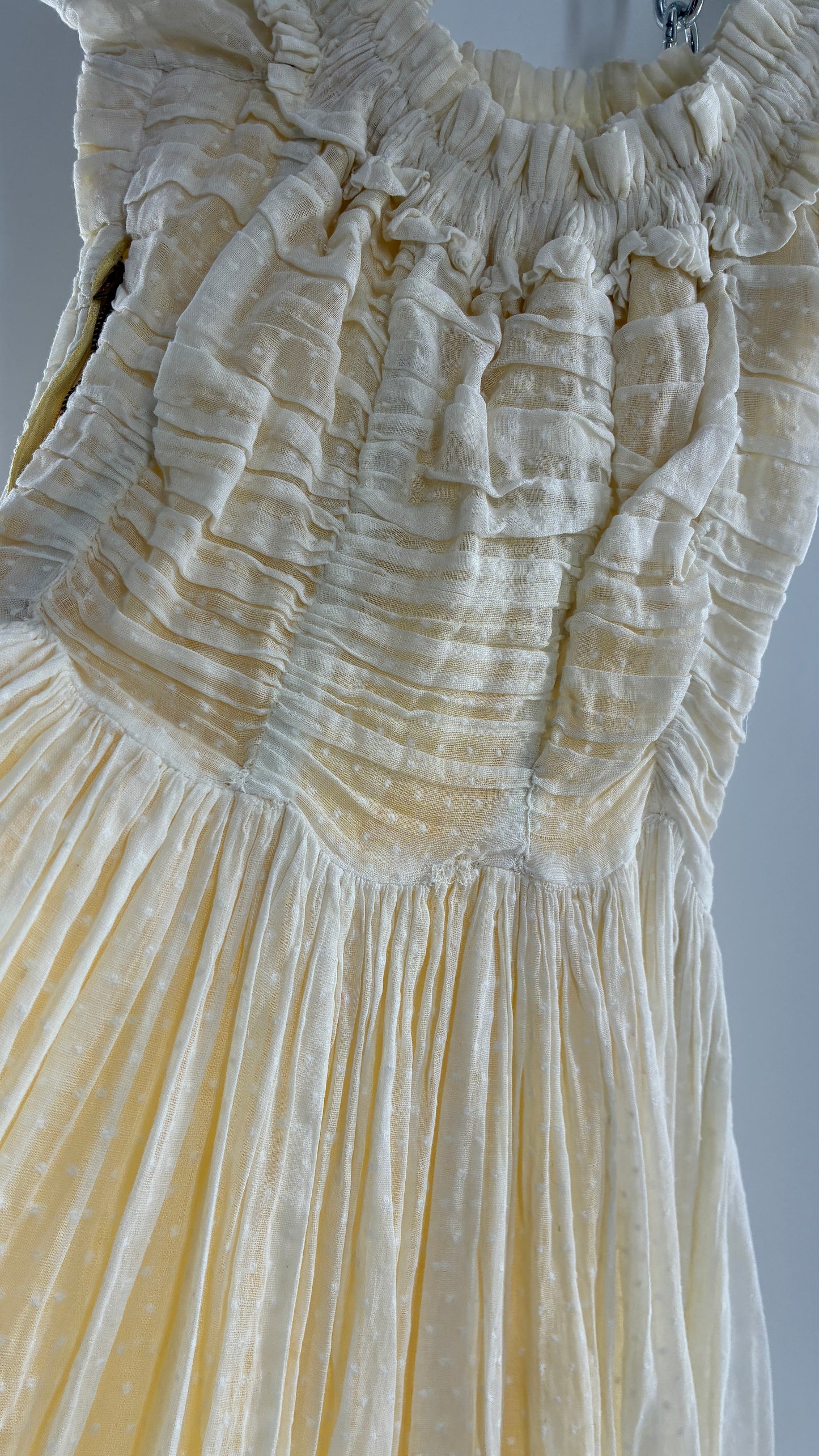 Vintage 1970s Off White Cotton Handmade Maxi Dress with Ruched Bodice, Puff Sleeves, and Polka Dot Texture (XS/S)