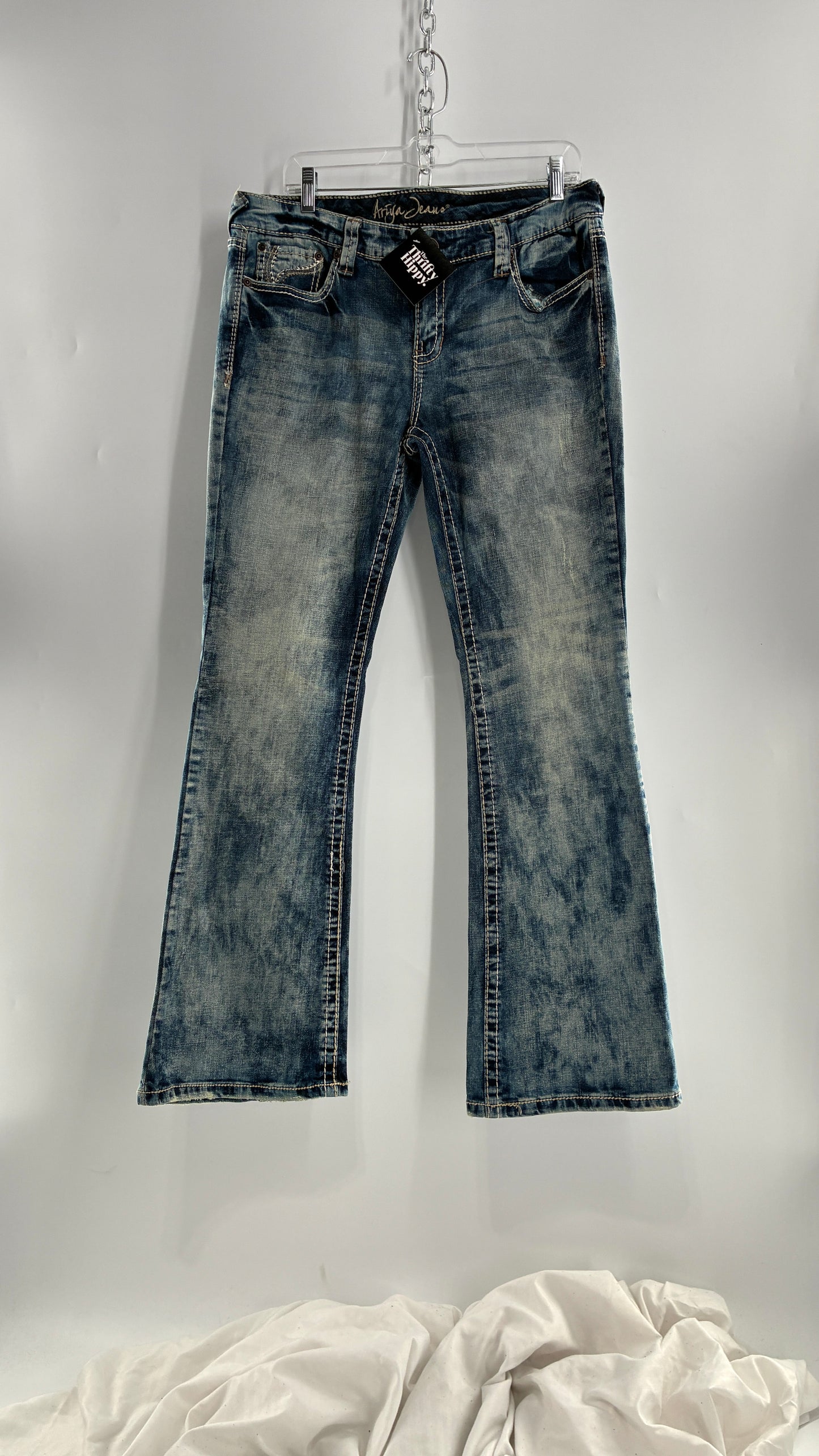 Vintage ARIYA JEANS Acid Washed Kick Flares with Embroidered Pockets (15/16)