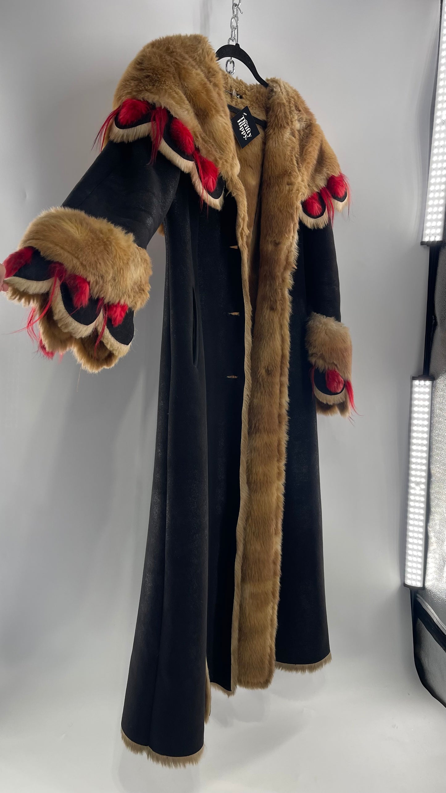 Vintage Russian Black Coat with Brown Fur Piping/Lining, Red Feathers, Scalloped Sleeve, and Hood (Medium)