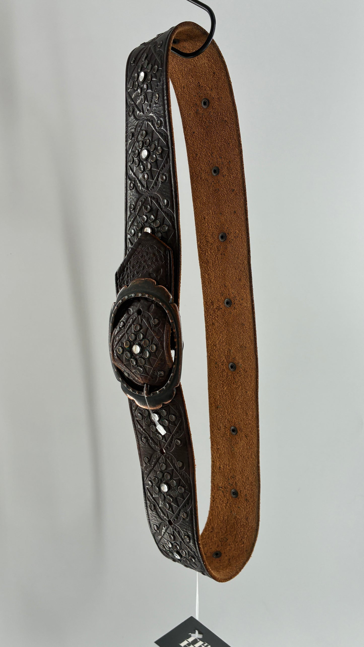 Vintage Abercrombie & Fitch Brown Leather Embossed Belt with Rhinestone Details (Small)