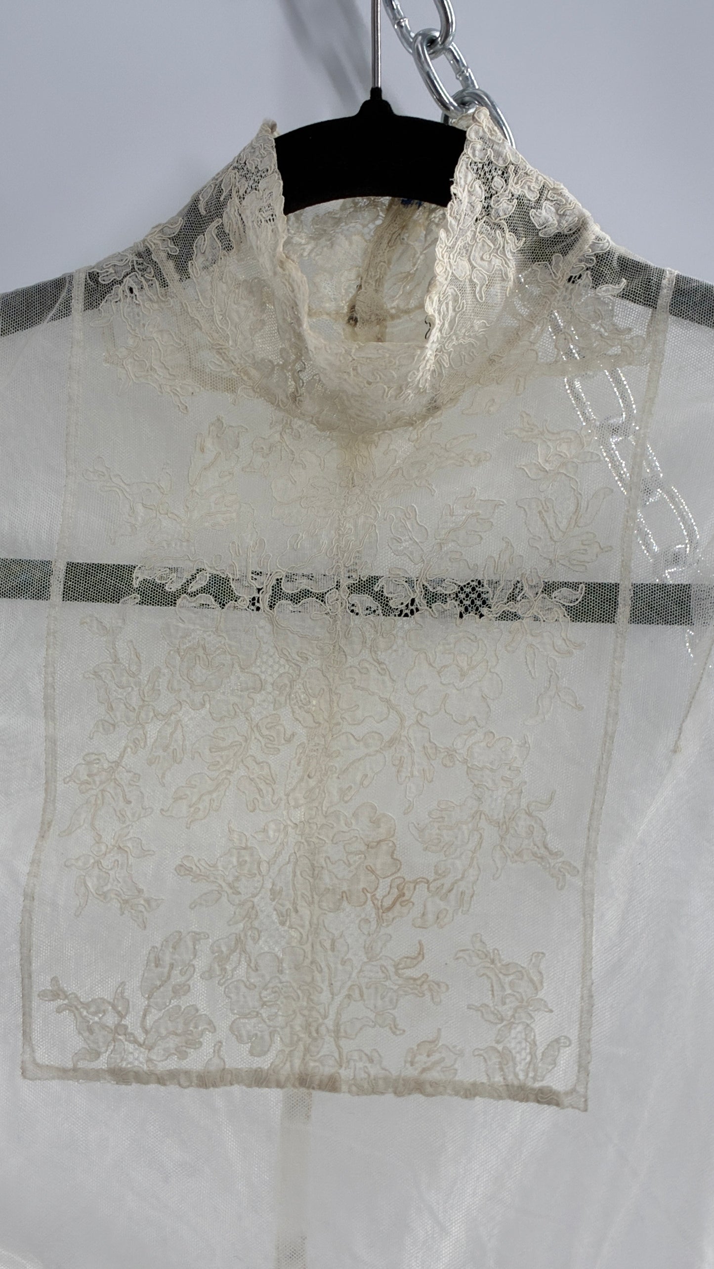 Vintage Antique Sheer Delicate Mesh, Mock Neck, Lace Paneled Camisole with Drawstring Waistline (XS/S)