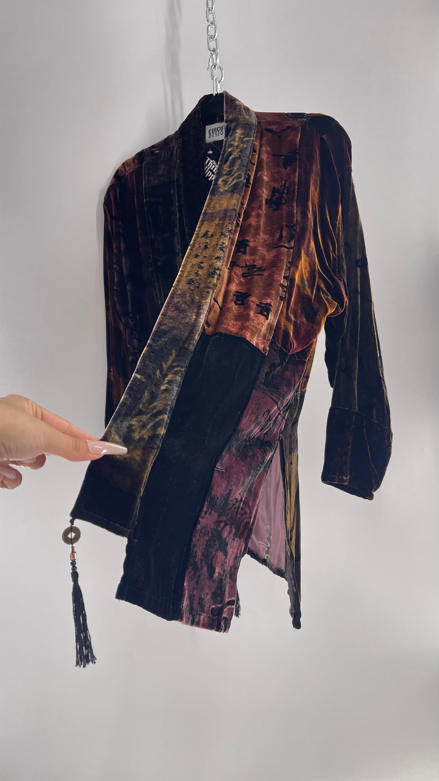 Vintage CHICOS Patchwork Burn Out Velvet Cardigan with Tassel Details