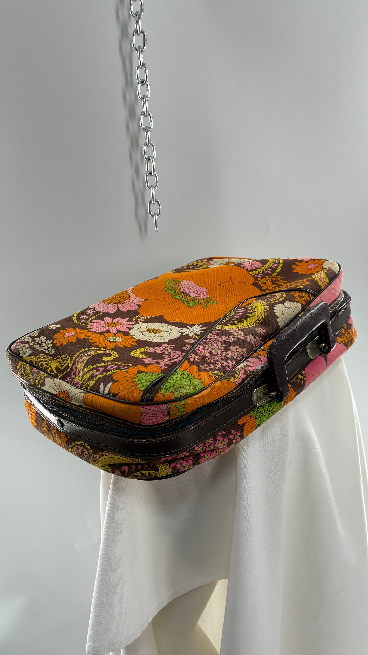 Vintage 1970s Brown Briefcase with Warm Tone Flowers