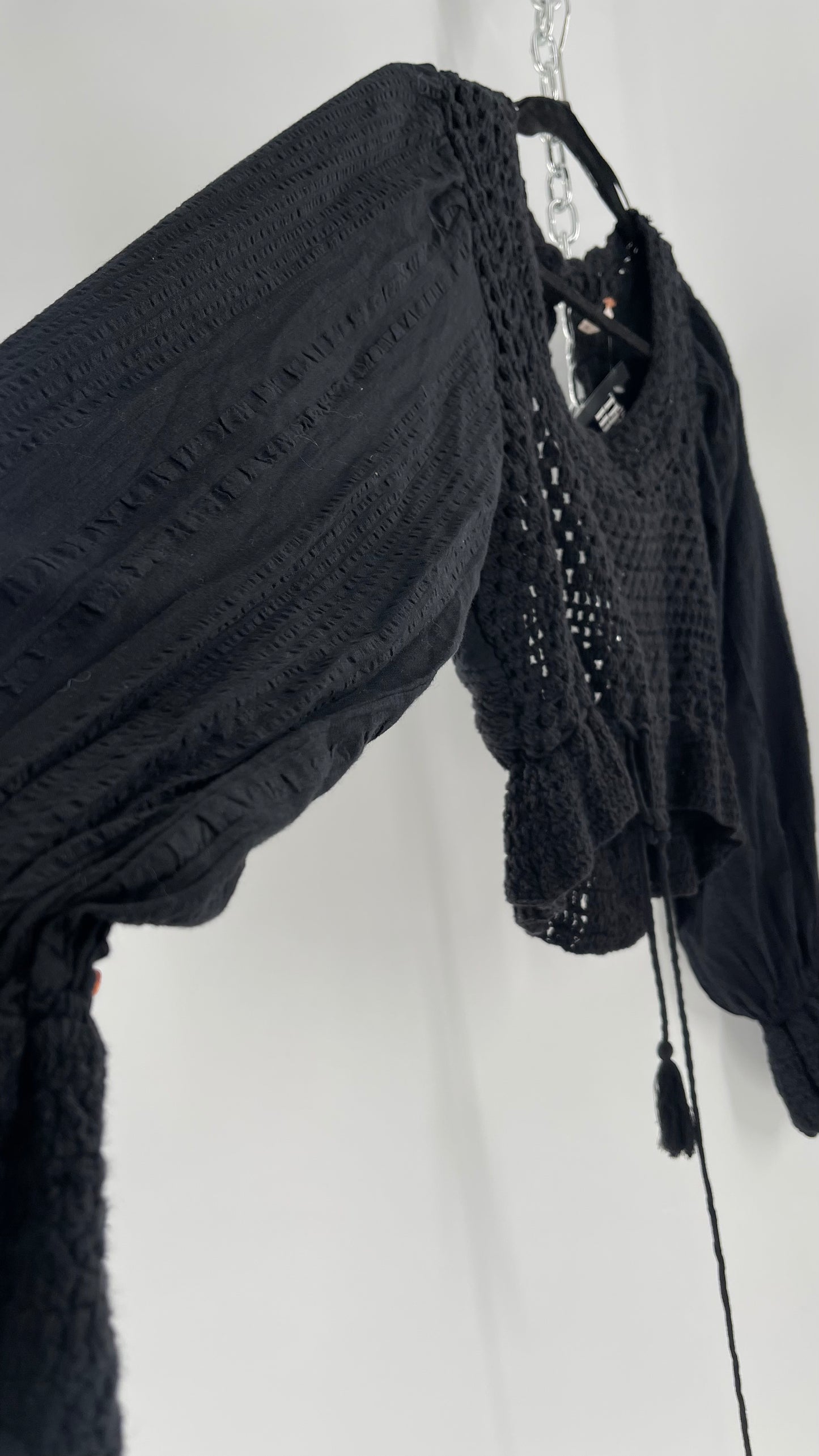 Free People Black ‘Megan’ Woven Macrame Crochet Cropped Blouse with Balloon Sleeves and Flared Cuffs (XS)