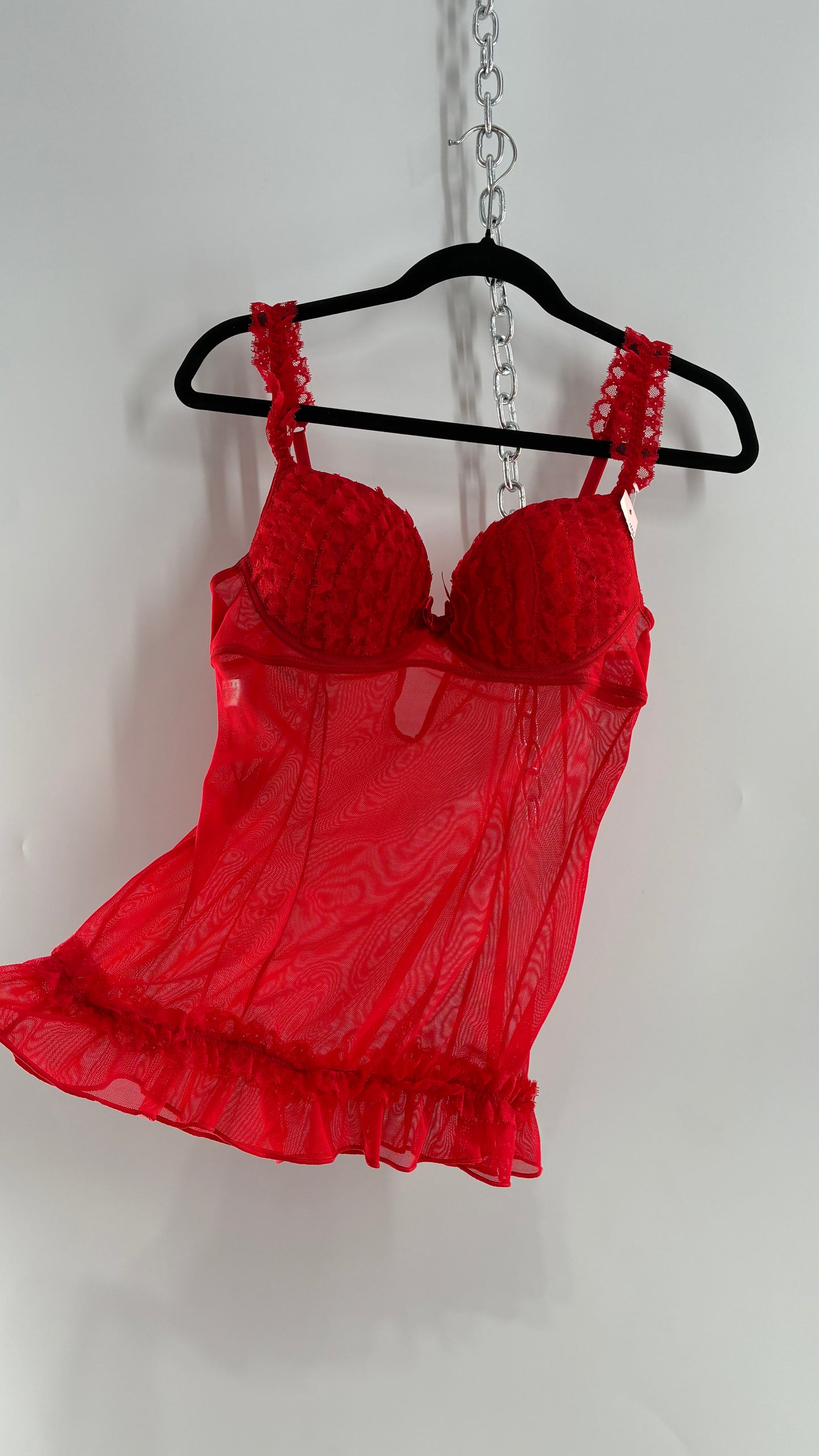 Deadstock Vintage Babydoll Bustier with Ruffled Cups, Lace Straps and Ruffled Lace Hem (34C)