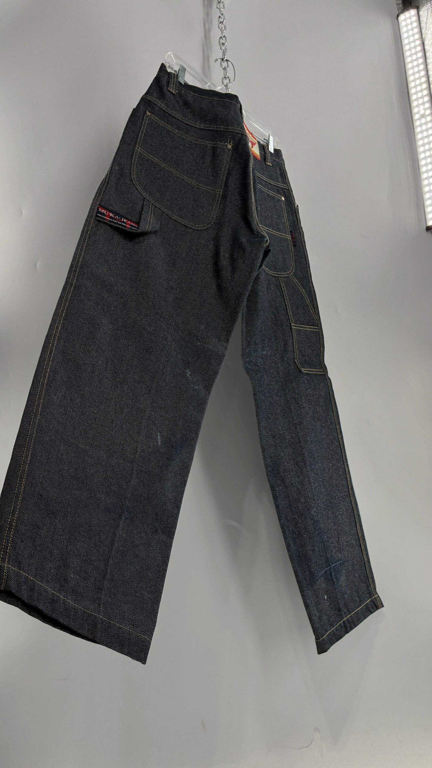 Vintage 1990s MU:KA: JEANS Men’s Dark Wash Japanese Style Denim Baggy Straight Legs and Oversized Jacket Set (L, 32x32)