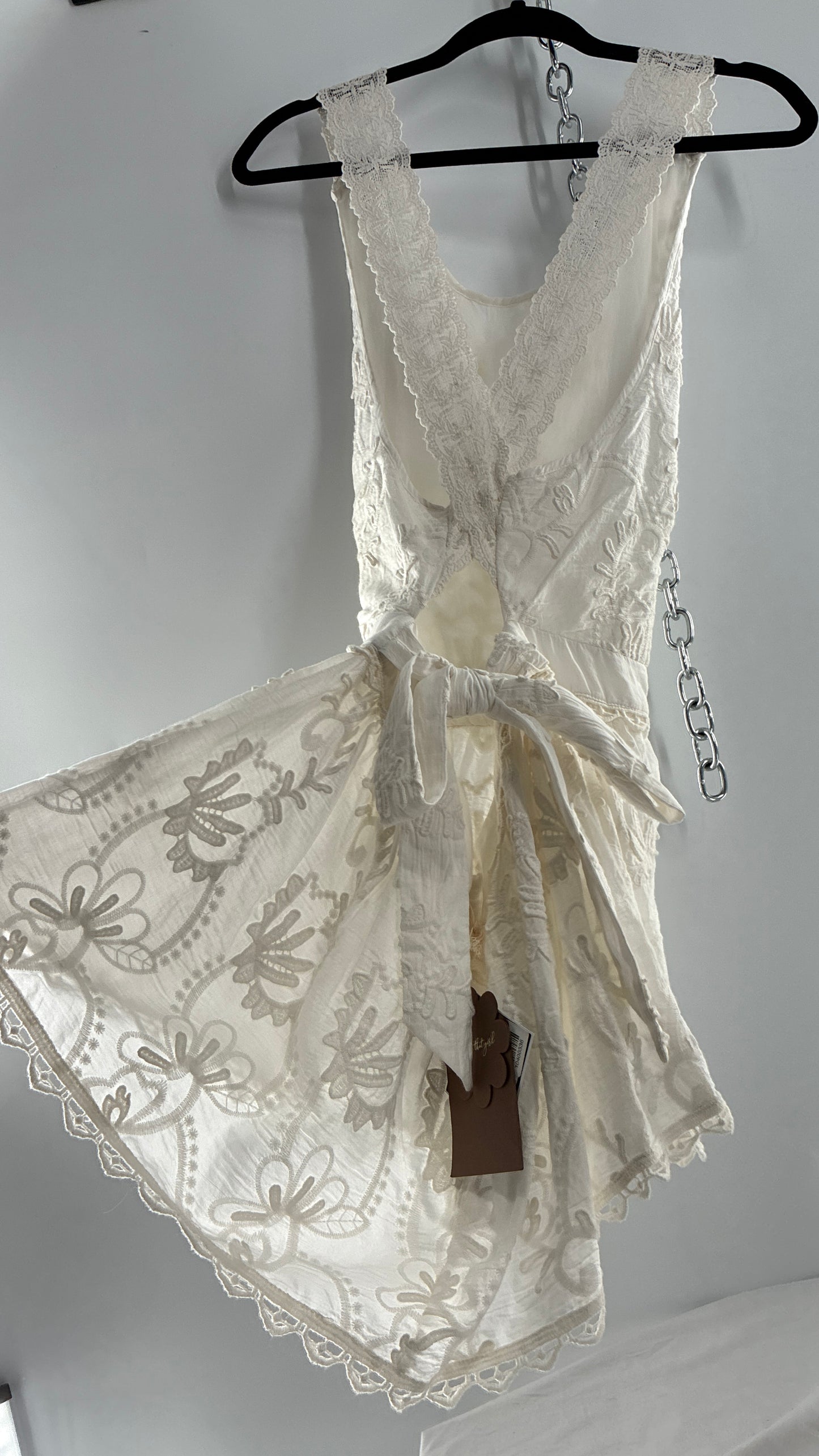 Forever That Girl Anthropologie White Apron Style Blouse with Low Open Back, Tie Detail, and Tags Attached (6)