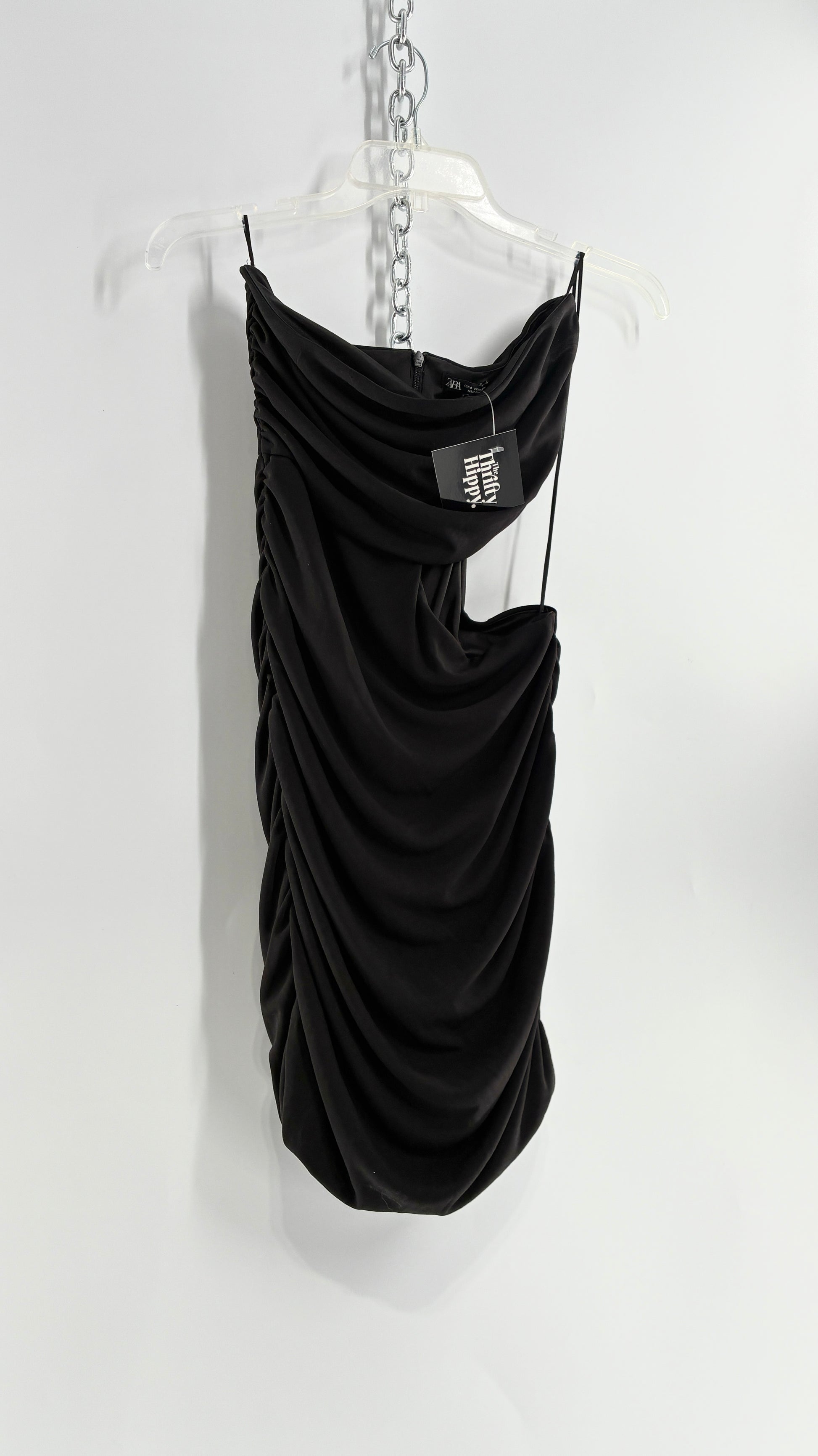 ZARA Black Ruched Cut Out Side Mini Dress (Small) The Thrifty Hippy ZARA Black Ruched Cut Out Side Mini Dress (Small) The Thrifty Hippy