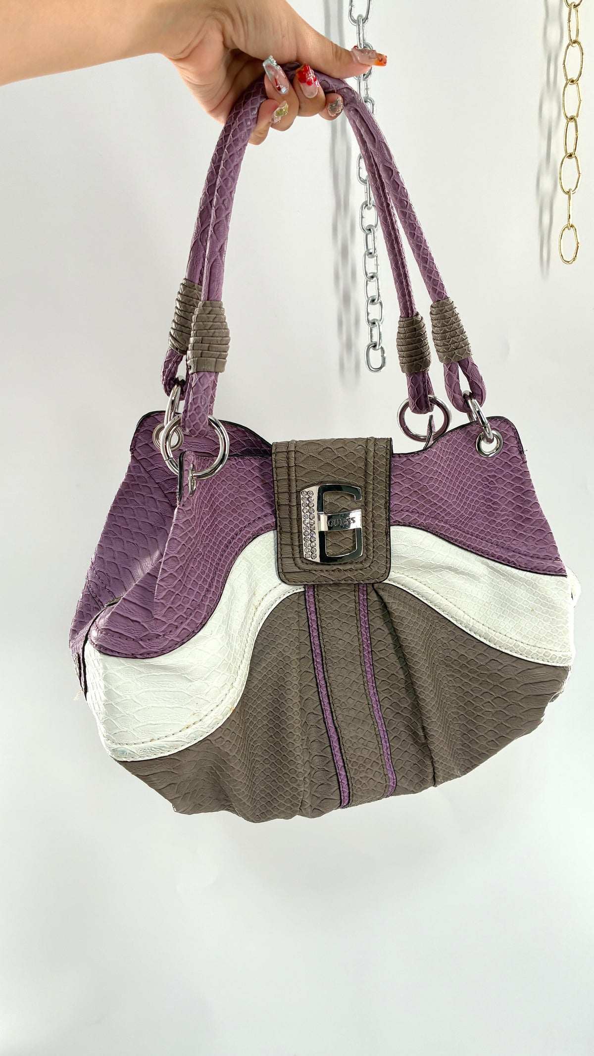 Vintage GUESS Snake Embossed Purple Purse with Oversized Logo Hardware