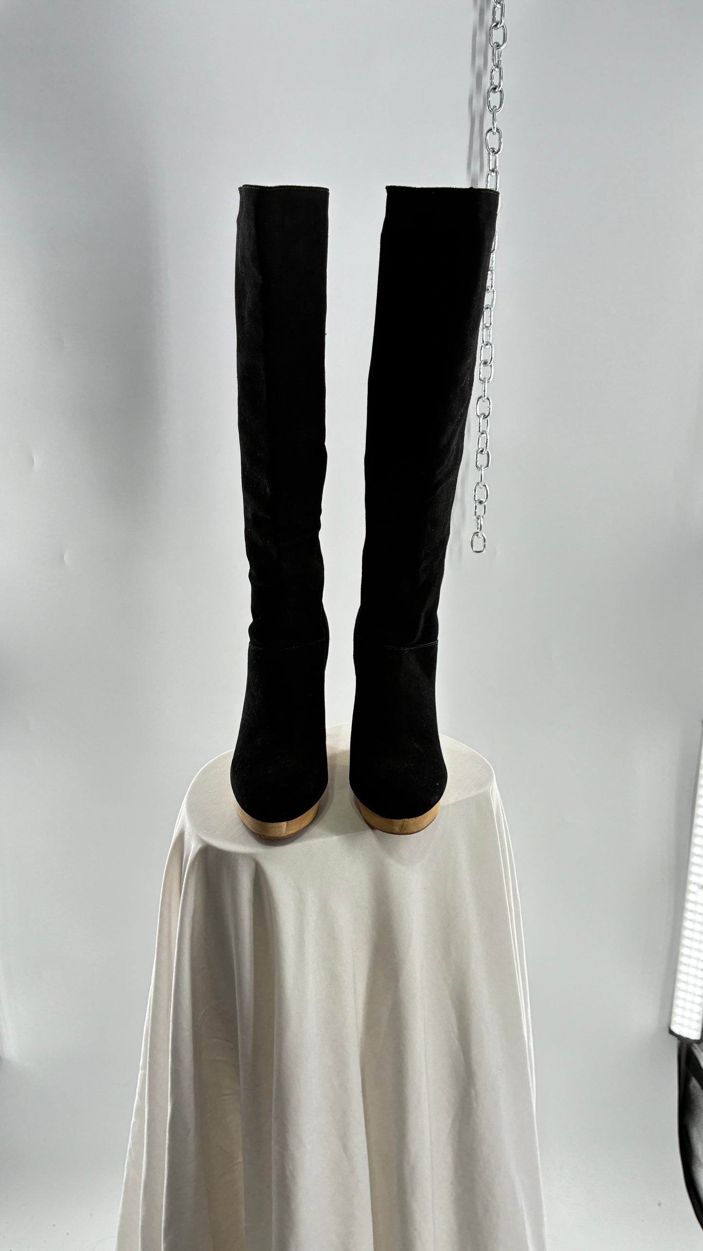 Vintage Black Genuine Suede Leather Knee High Boots with Skinny Wooden Wedge Heel (9)