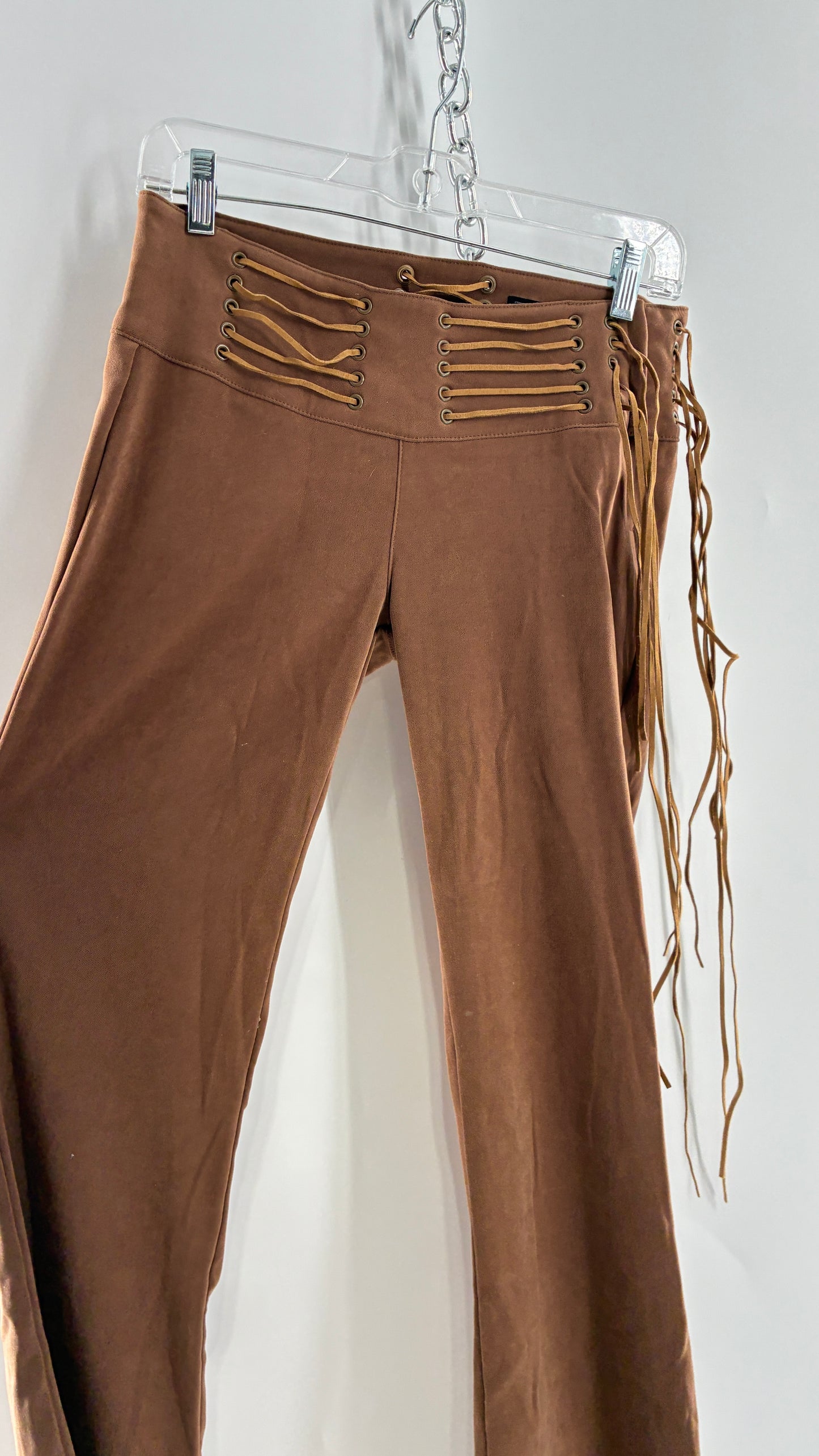 Vintage Rare L.E.I Low Rise Faux Suede Kick Flares with Wide, Thread Through Tassels Hip Band (5)