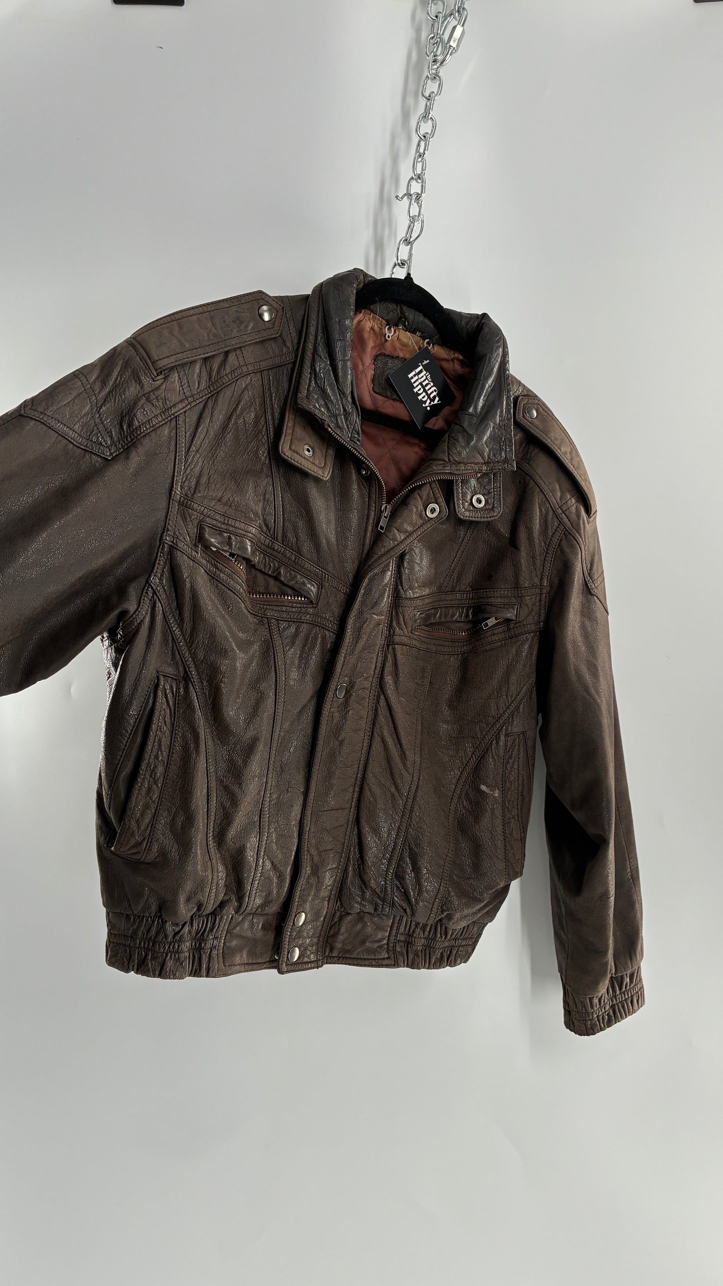 Vintage SAXONY Distressed Leather Bomber Jacket (Medium)