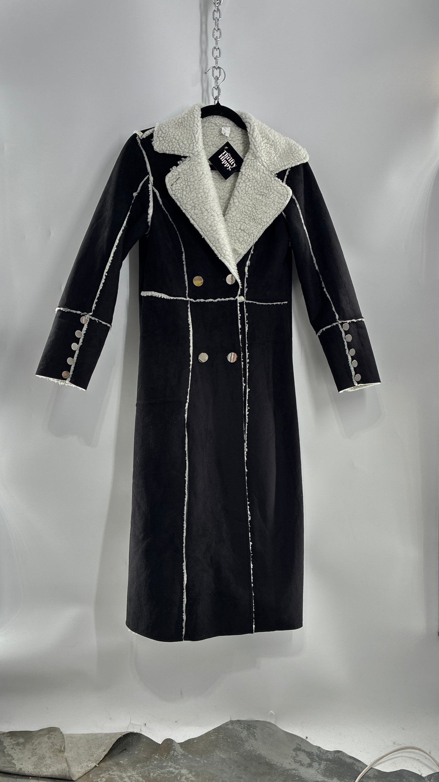 Vintage Black Vegan Suede Coat with Sherpa Lining (Medium)