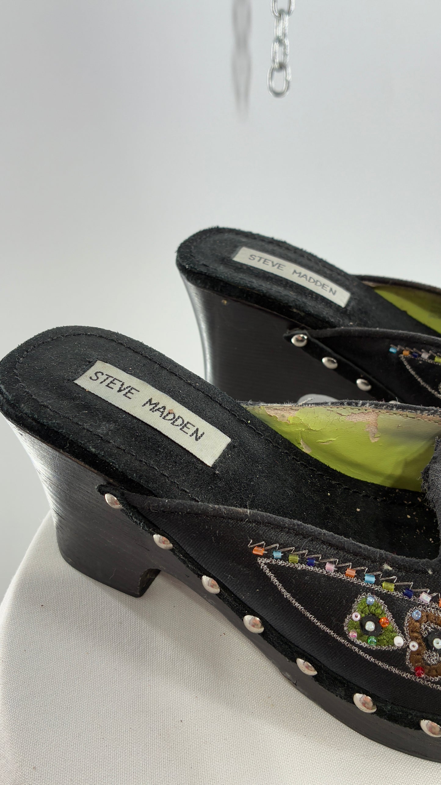 Vintage 1990s STEVE MADDEN Black Wooden Heel Clogs with Embroidered and Beaded Design (7.5)