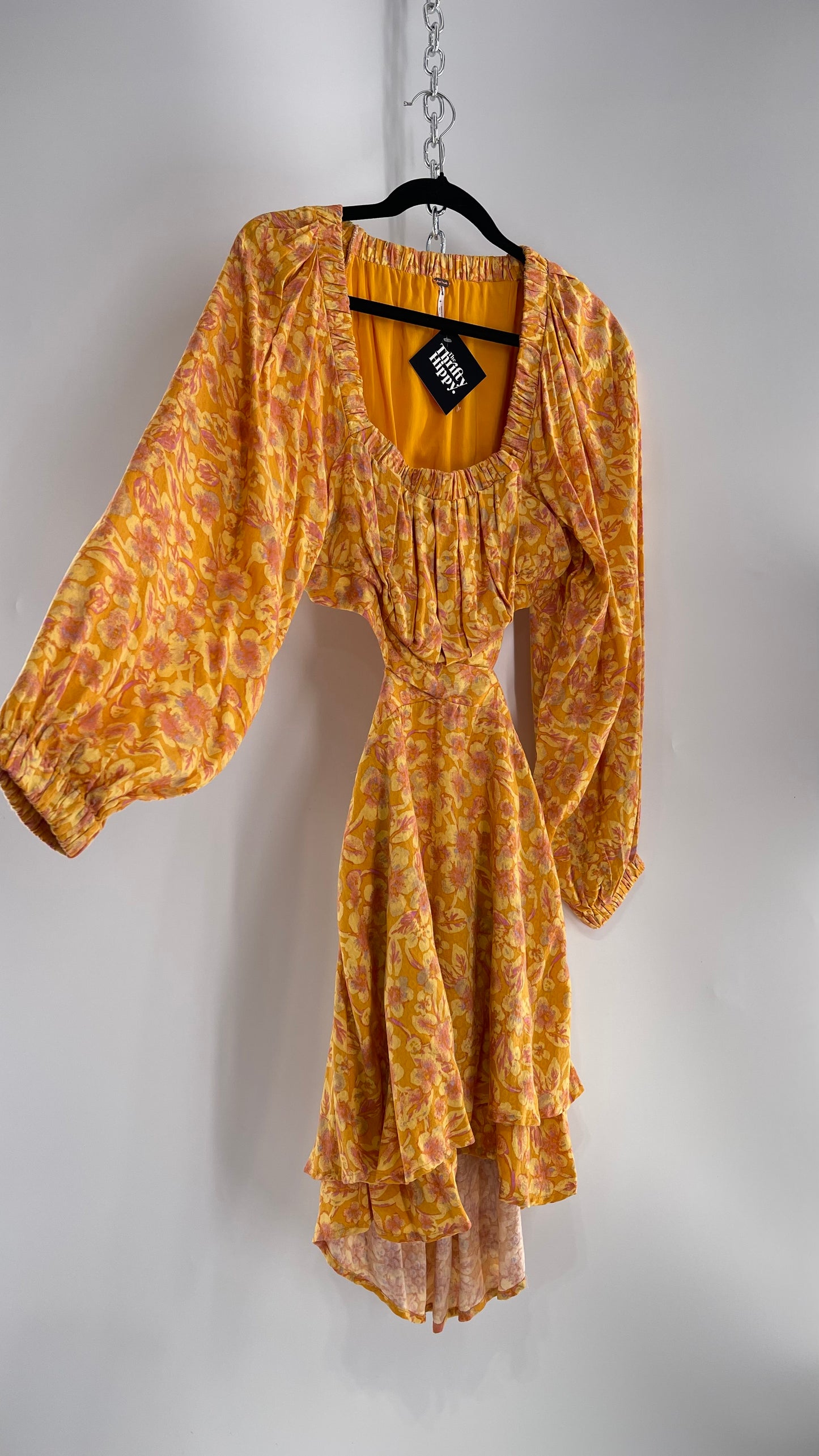 Free People Yellow Cut Out Golden Florals Dress with Ruched Bust and Balloon Sleeves (XS)