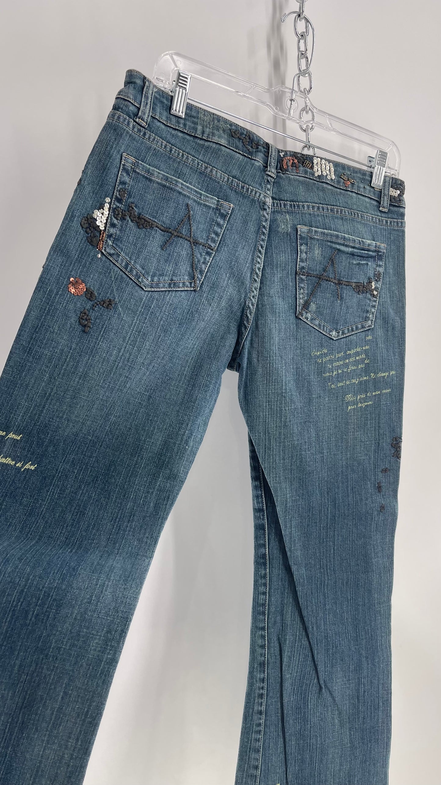 Vintage 1990s American Exchange Embroidered, Beaded Jeans with Distressing and Fade (30)