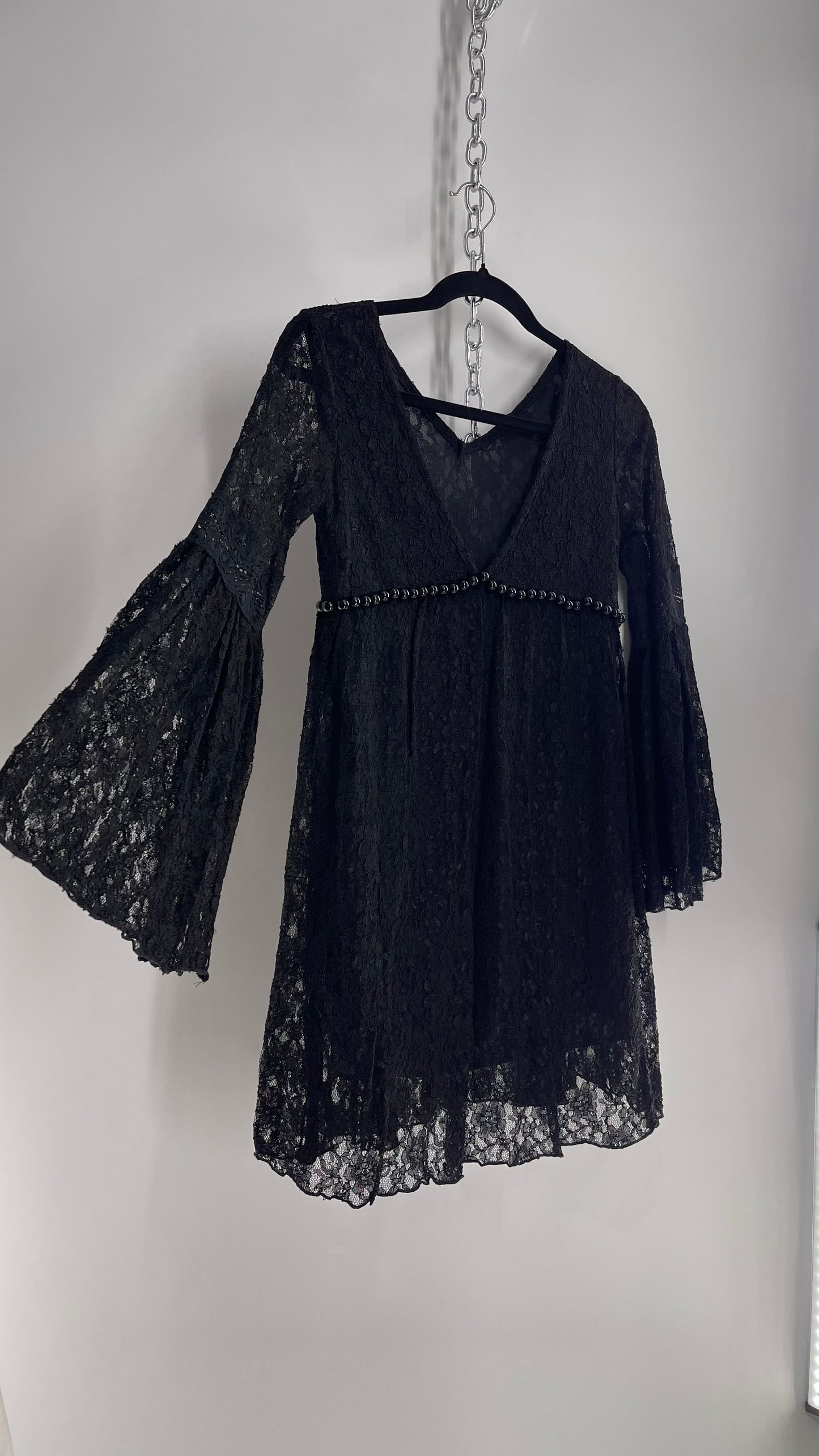 Vintage Black Lace Bell Sleeve Beaded Bust Babydoll Dress (Small)