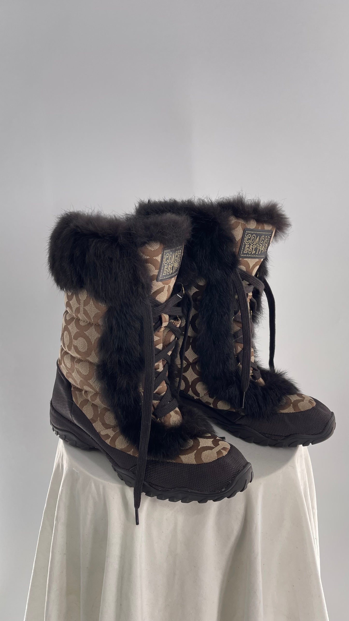 COACH Jennie Signature Quilted All Over Monogram Print Winter Boot with Rabbit Fur Trim (9)