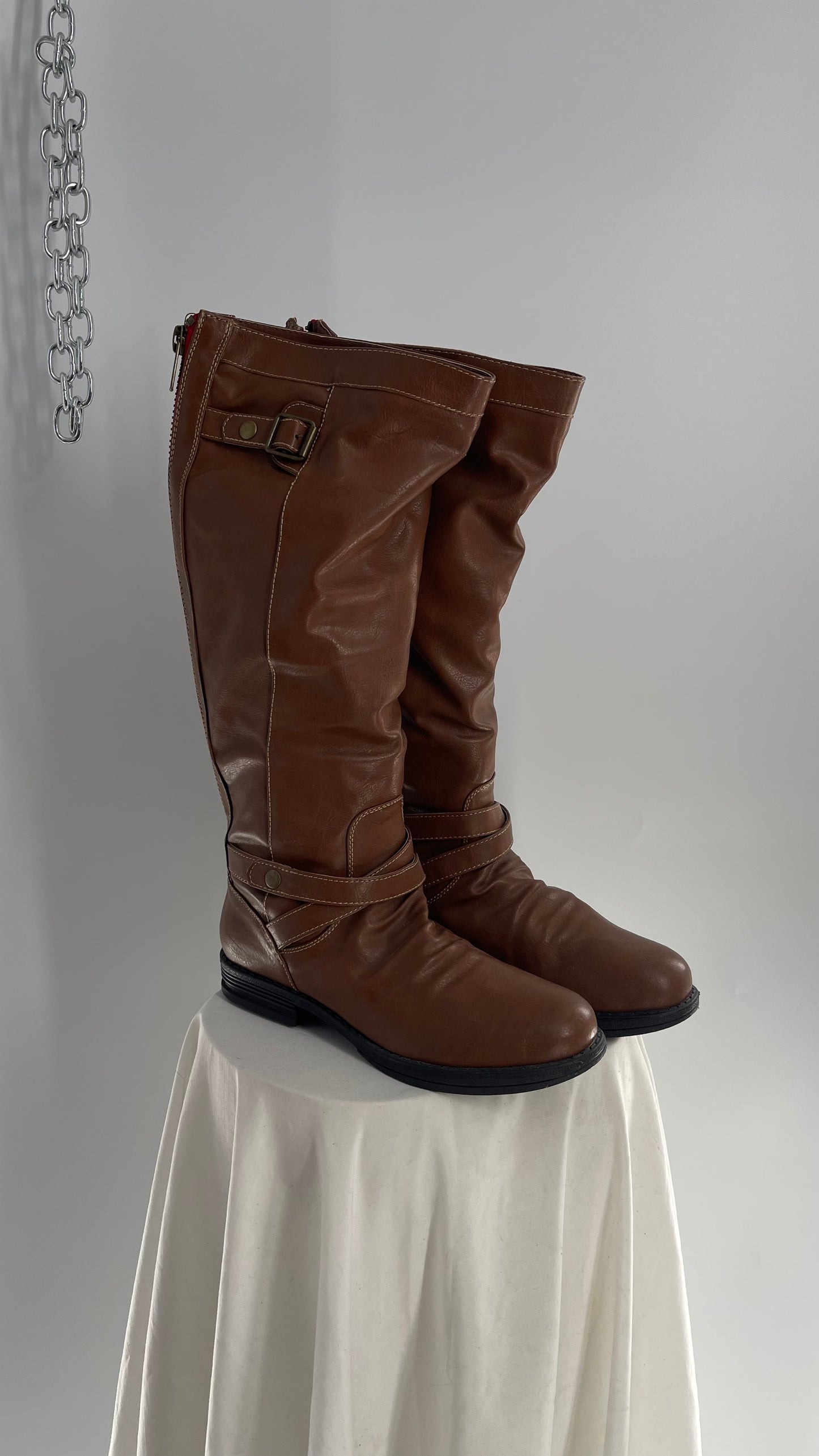 Steve Madden Brown Knee High Riding Boots with Red Zipper (10)