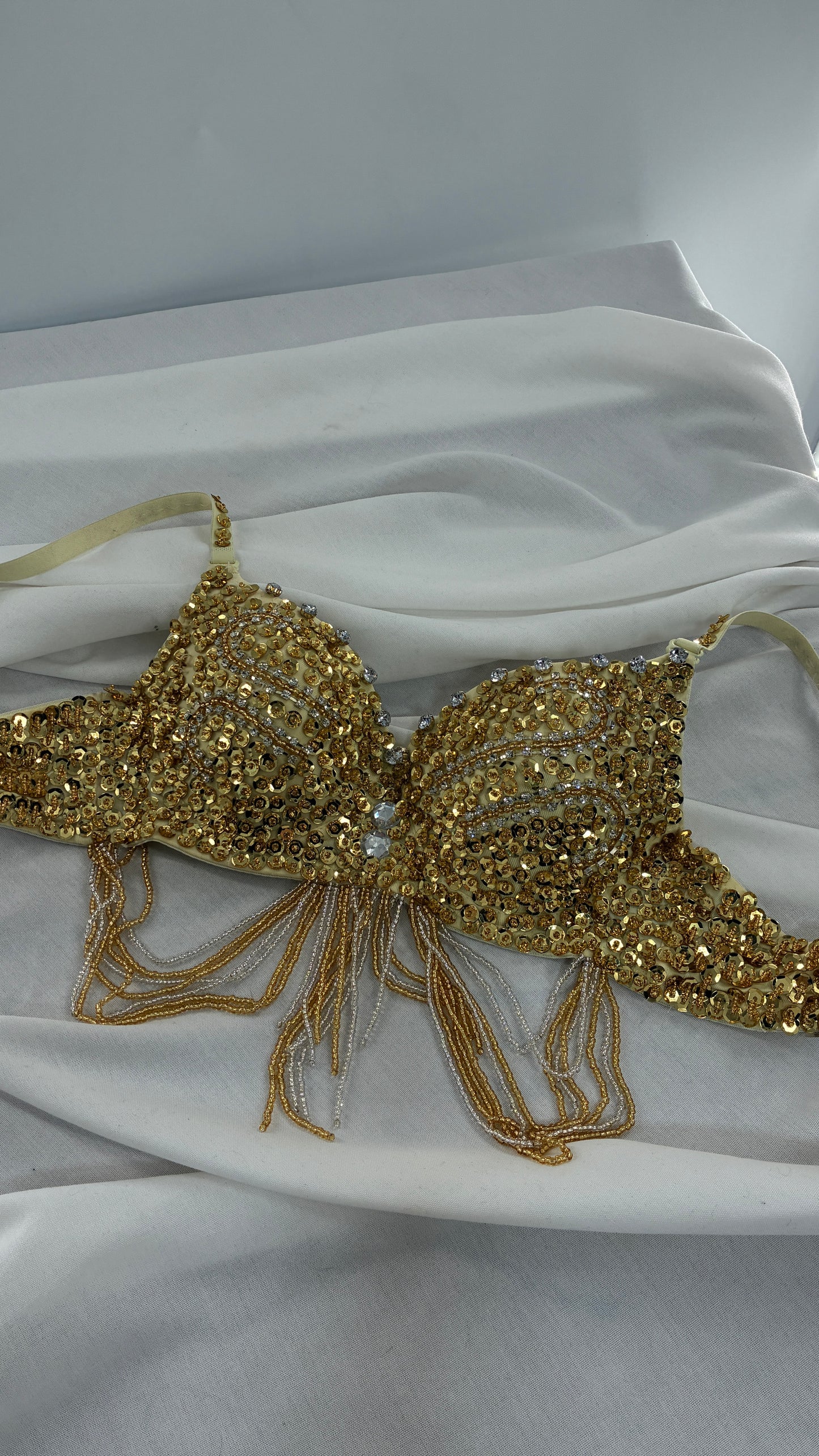 Vintage Gold Sequin Bra with Beaded Draping and Crystal Lining (34)