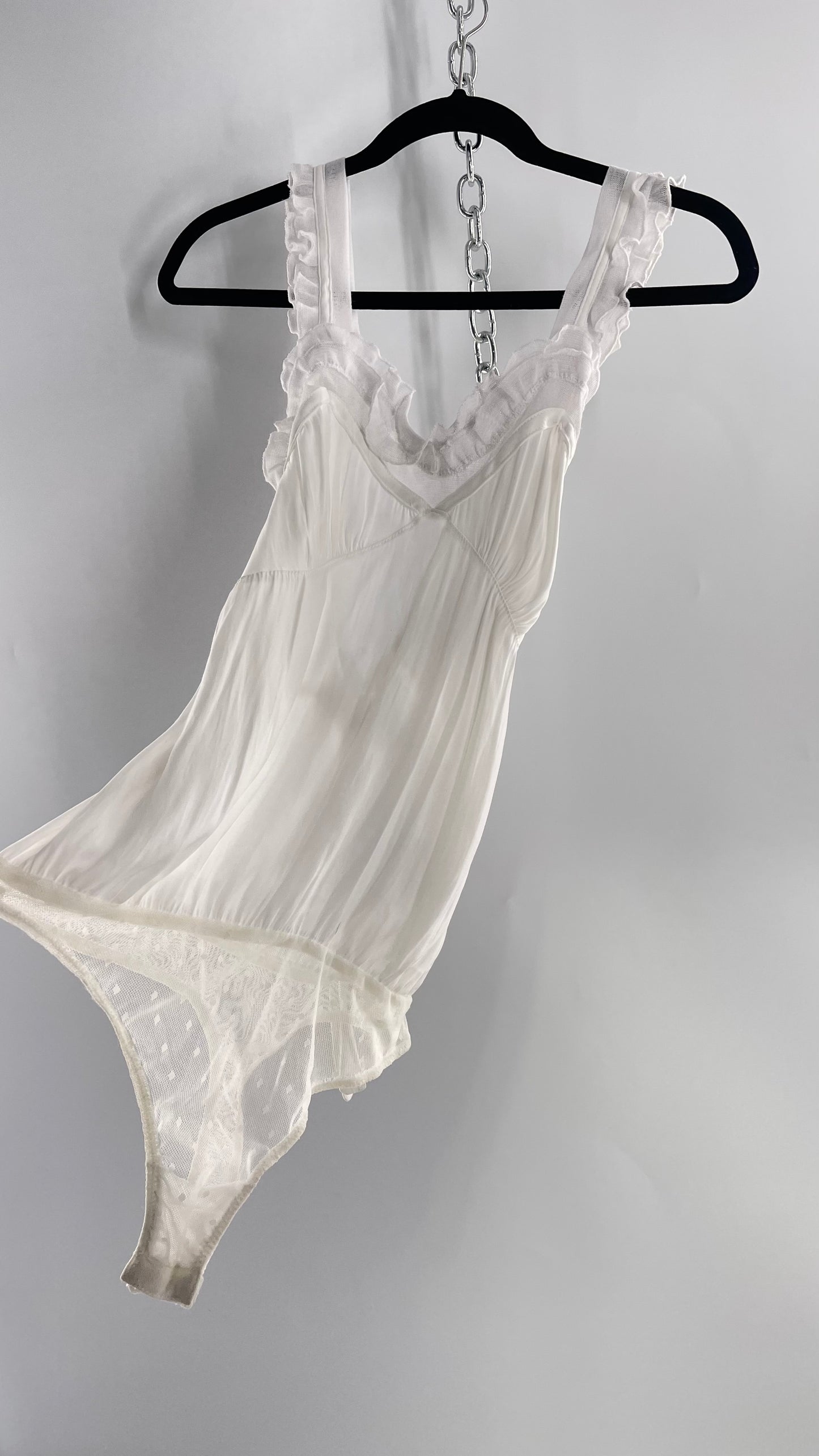 Free People White Silky Soft Bodysuit with Ruffled Bust-line and Straps (M)