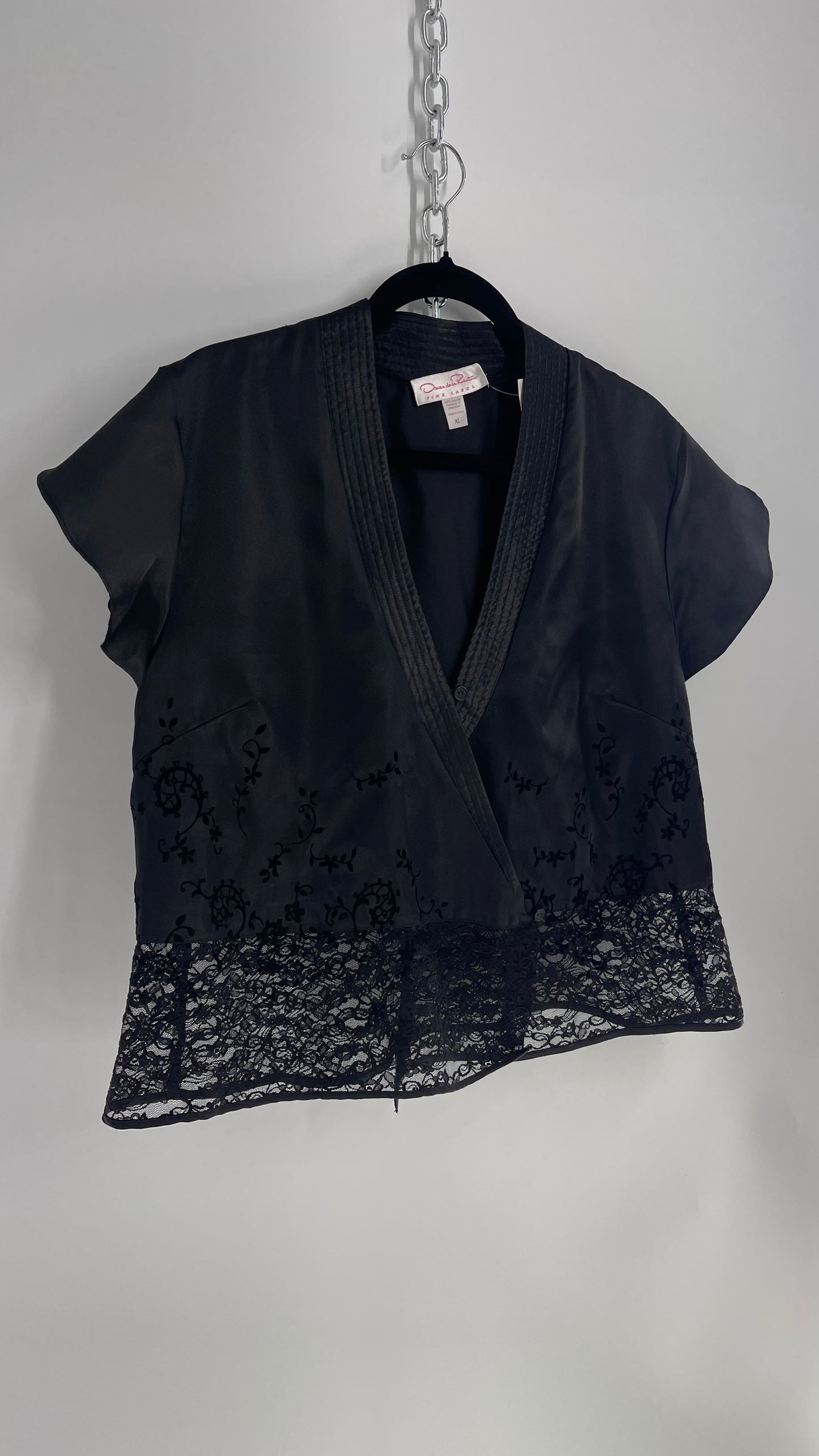 Oscar De La Renta Black Silky Lace Hem, Embroidered Kimono Style Top (XL)