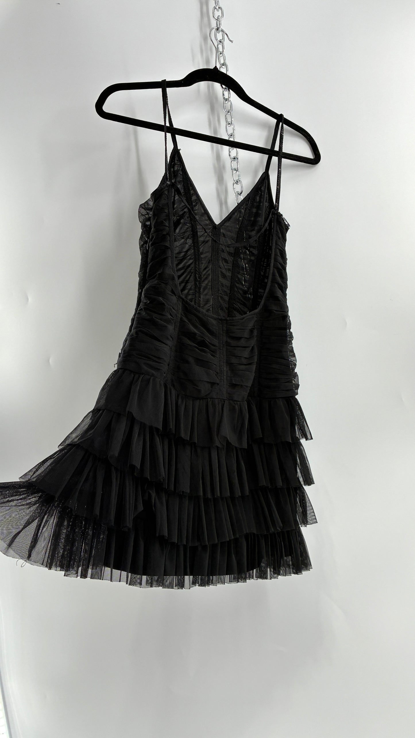 Vintage Black Ruffled Tulle Mini Dress with Low Open Back (8)