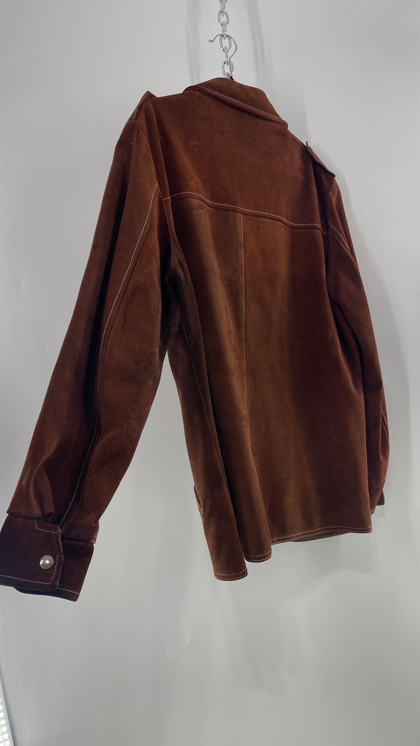 Vintage Brown Suede Jacket with Contrast White Stitching  (C)(Large)