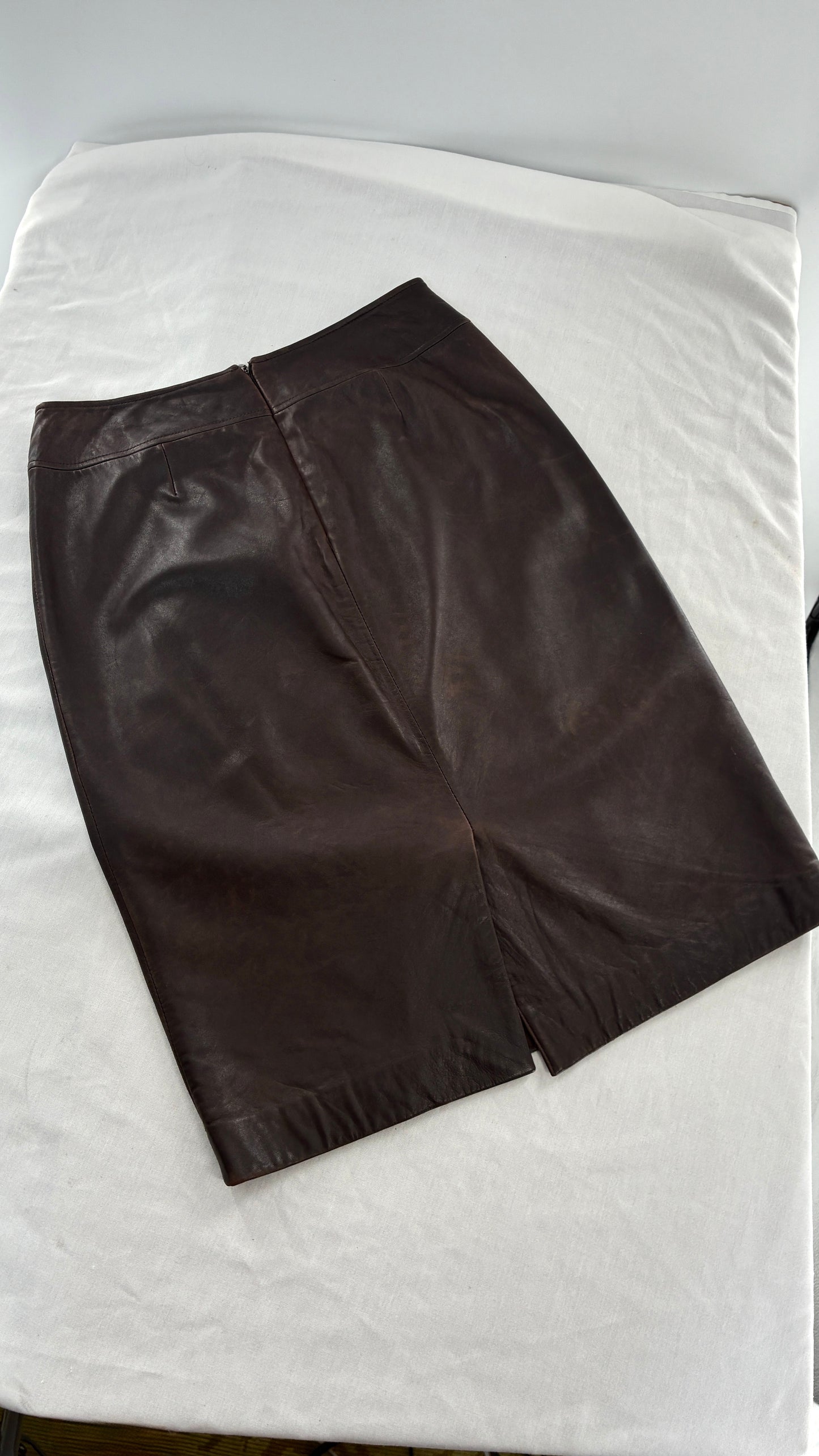 Vintage BROOKS BROTHERS Brown Distressed Genuine Leather Skirt (6)