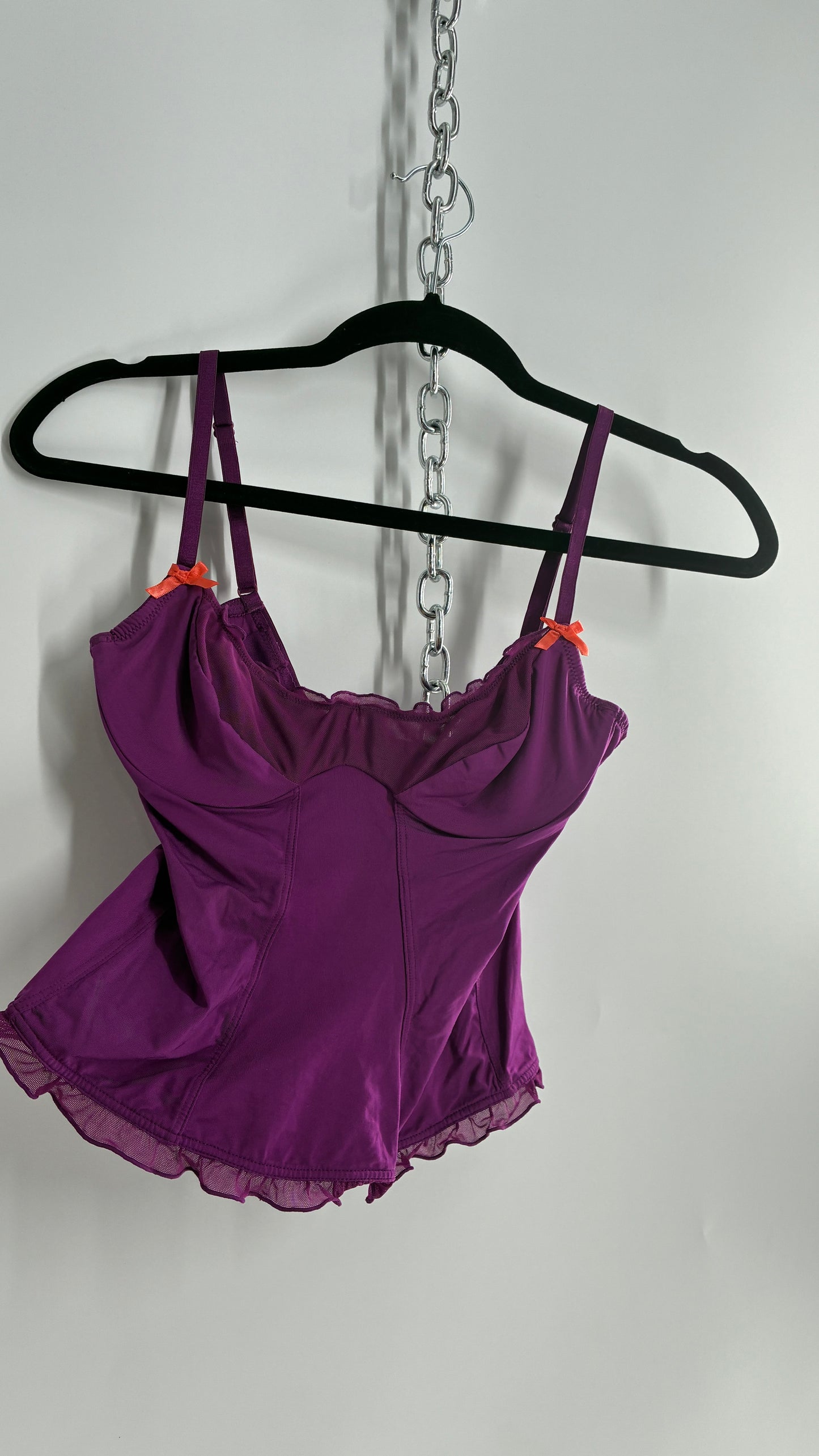 Vintage 1990s Purple Underwire Camisole Top with Sheer Ruffled Trim and Contrast Bow (Small)