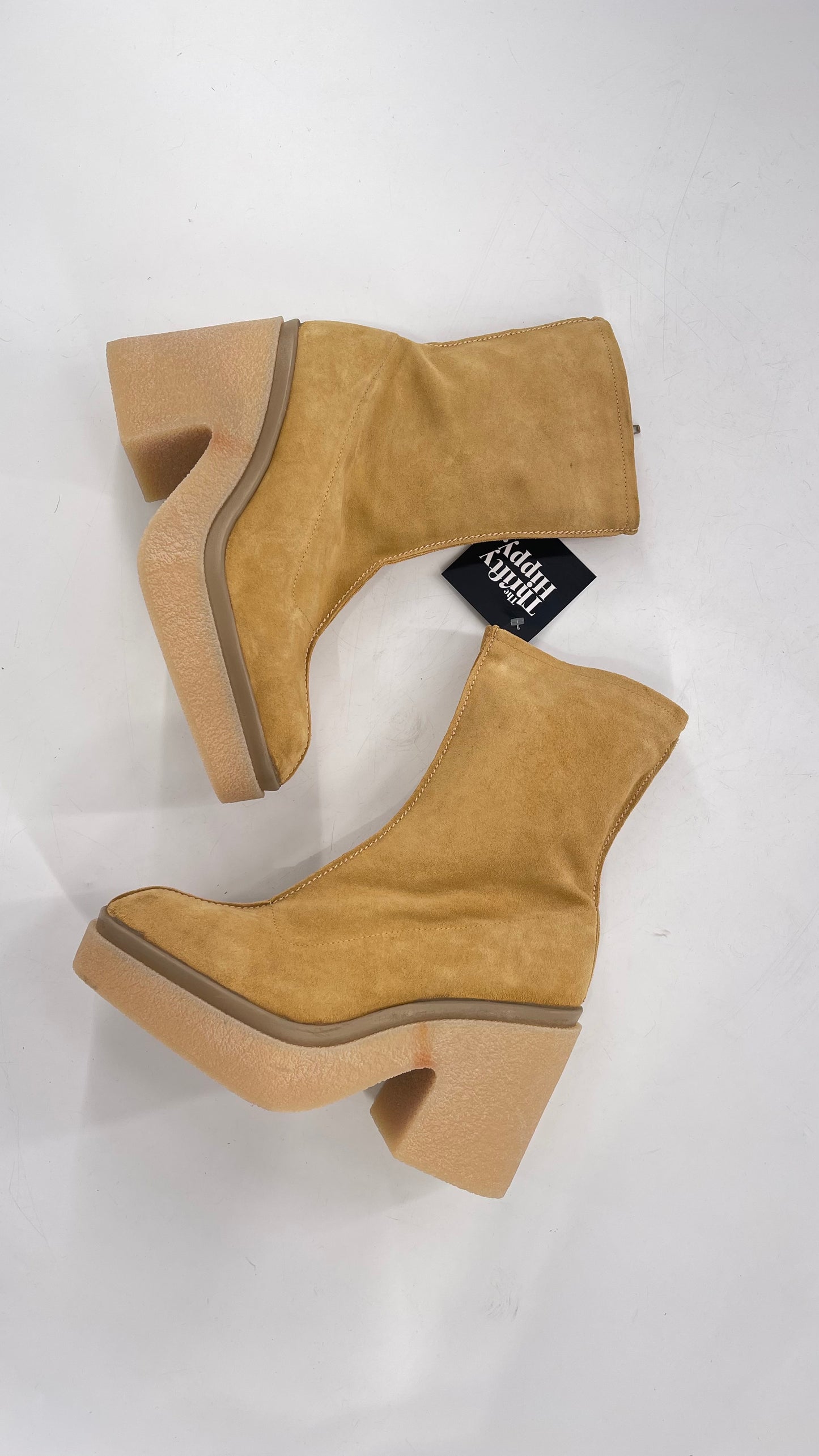 Free People Gigi Tan Suede Ankle Boots with Platform and Chunky Rubber Heel (38.5)