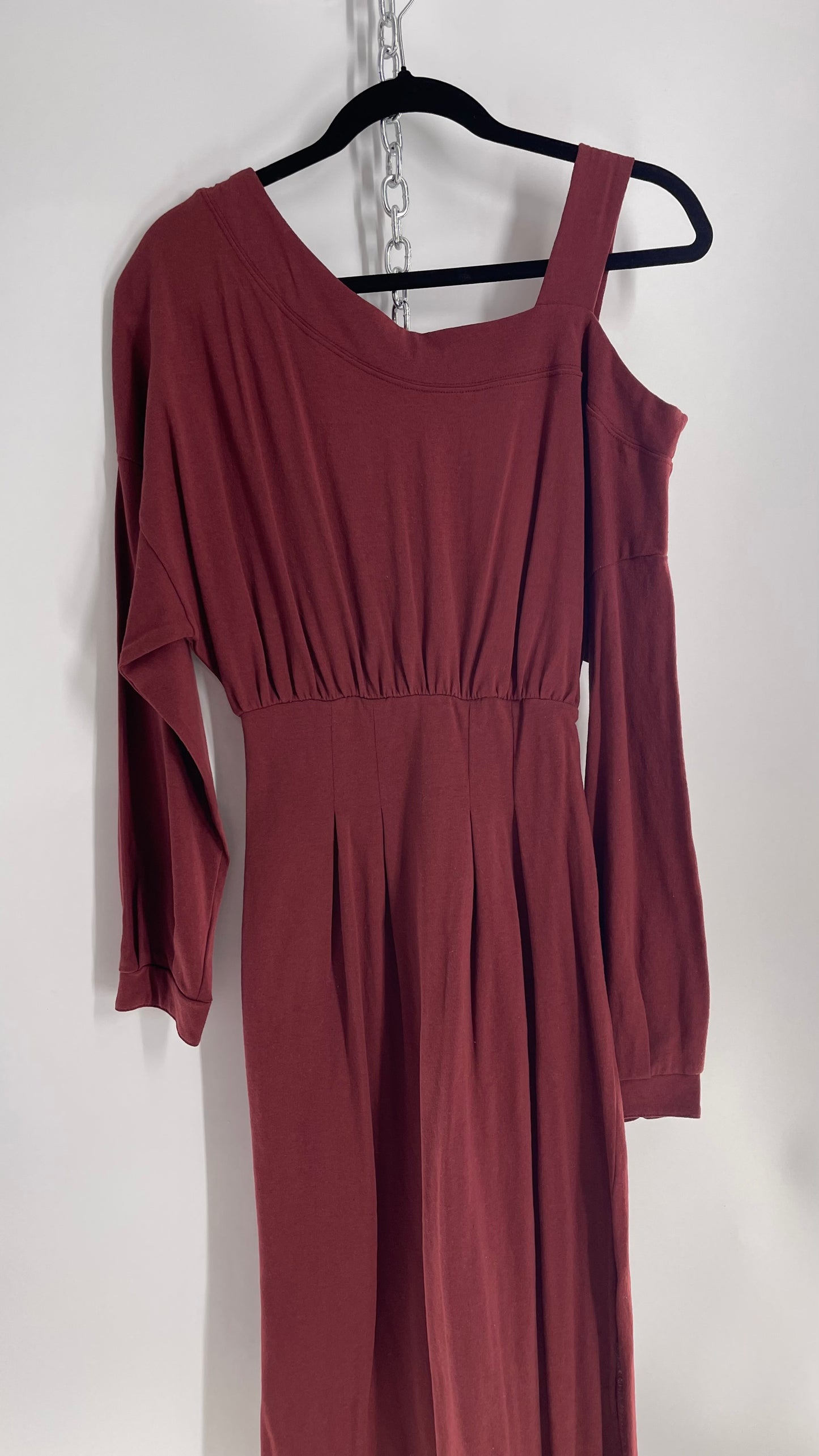 Free People Maroon Bubble Sleeve, Side Button, Off Shoulder Dress (Small)