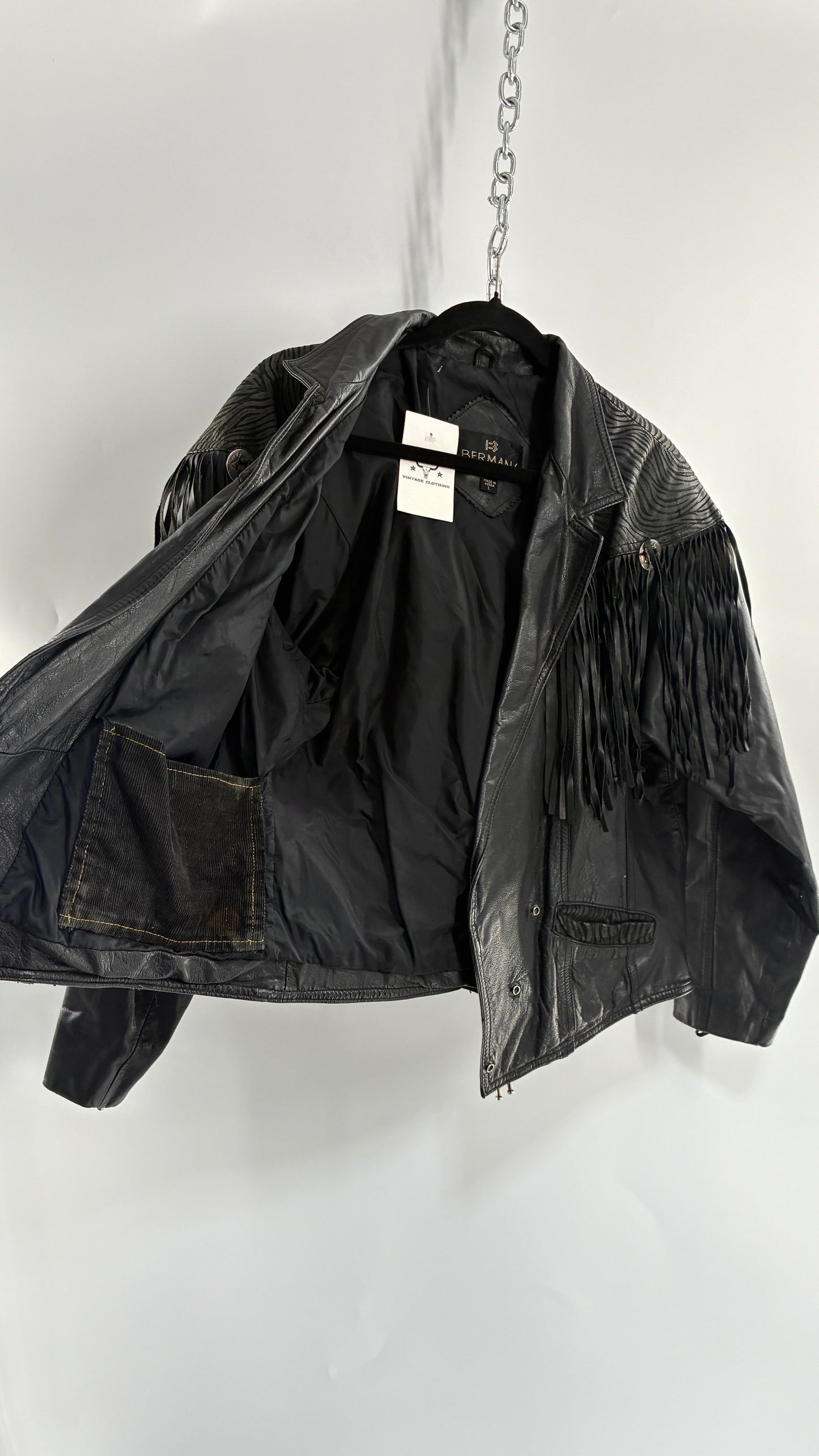 Vintage BERMAN’S Black Genuine Leather Fringe Motorcycle Jacket with Tie Up Cuffs (Large)