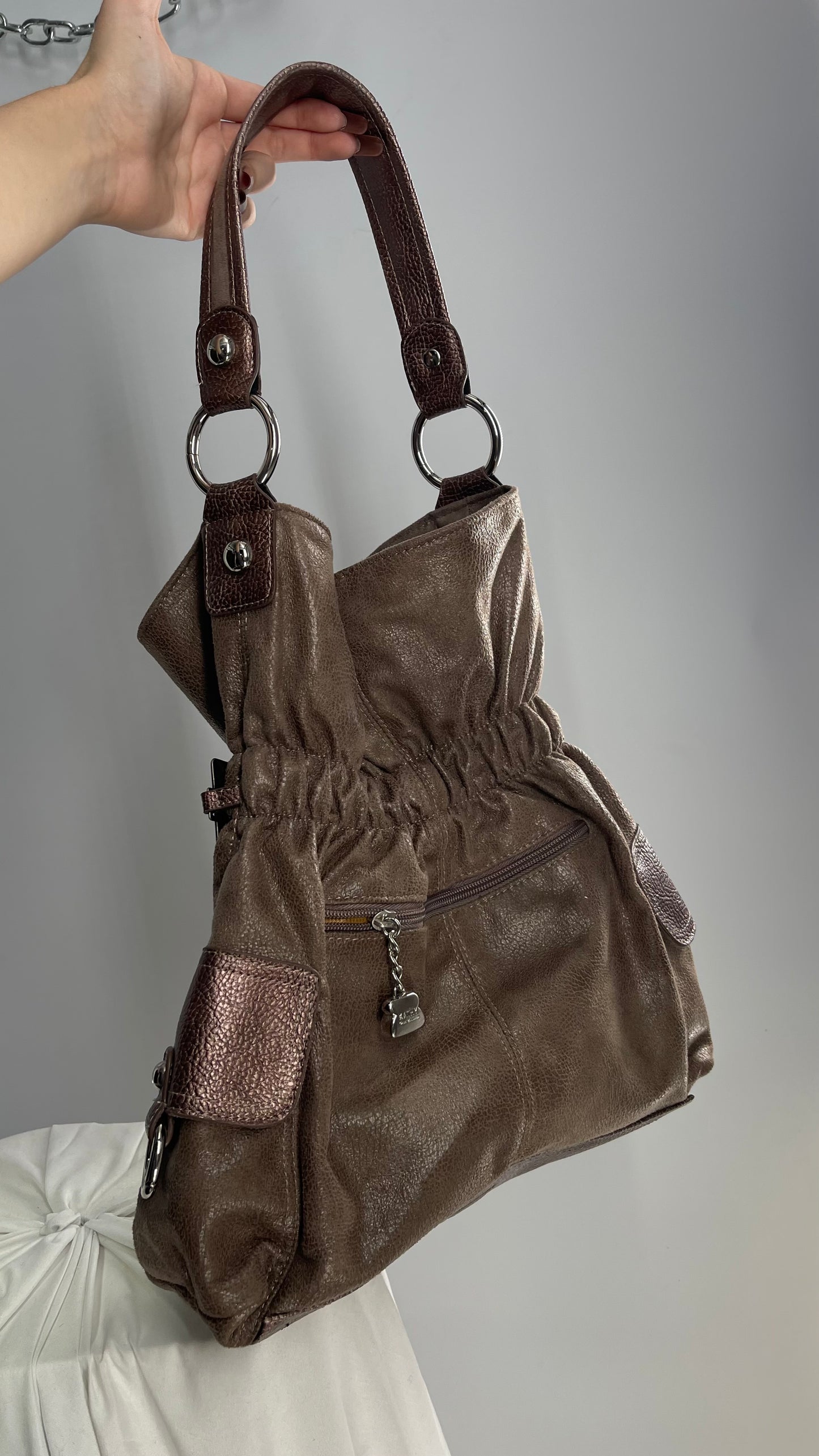 Vintage Kathy Van Zeeland Brown Leather Buckle Bag with Stone Details